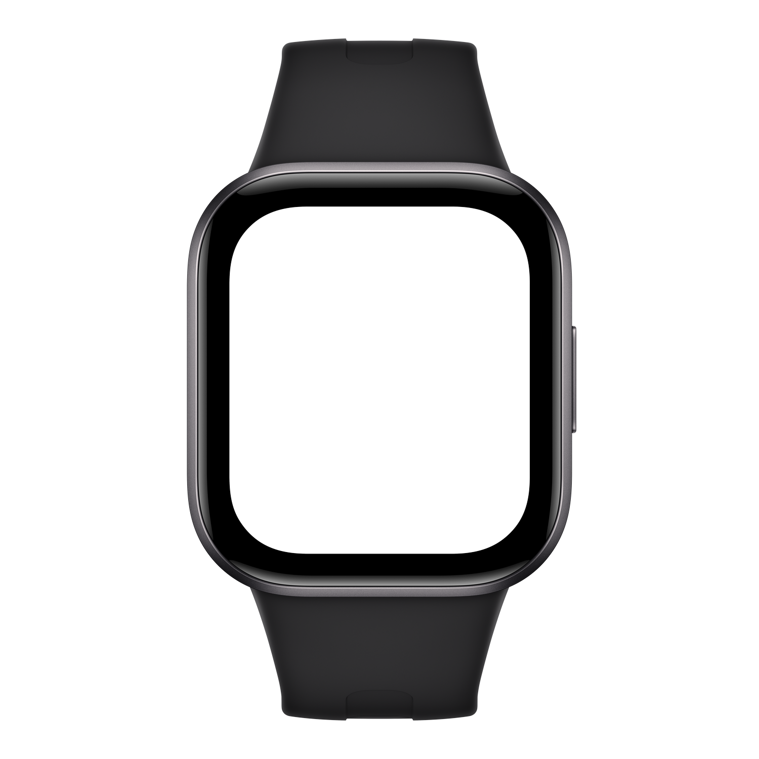 Un reloj inteligente negro con pantalla cuadrada y marco metálico sobre fondo negro.