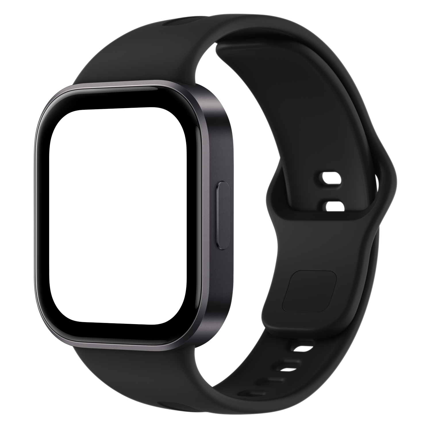 Un elegante reloj inteligente negro con caja rectangular y correa de silicona negra sobre fondo negro.