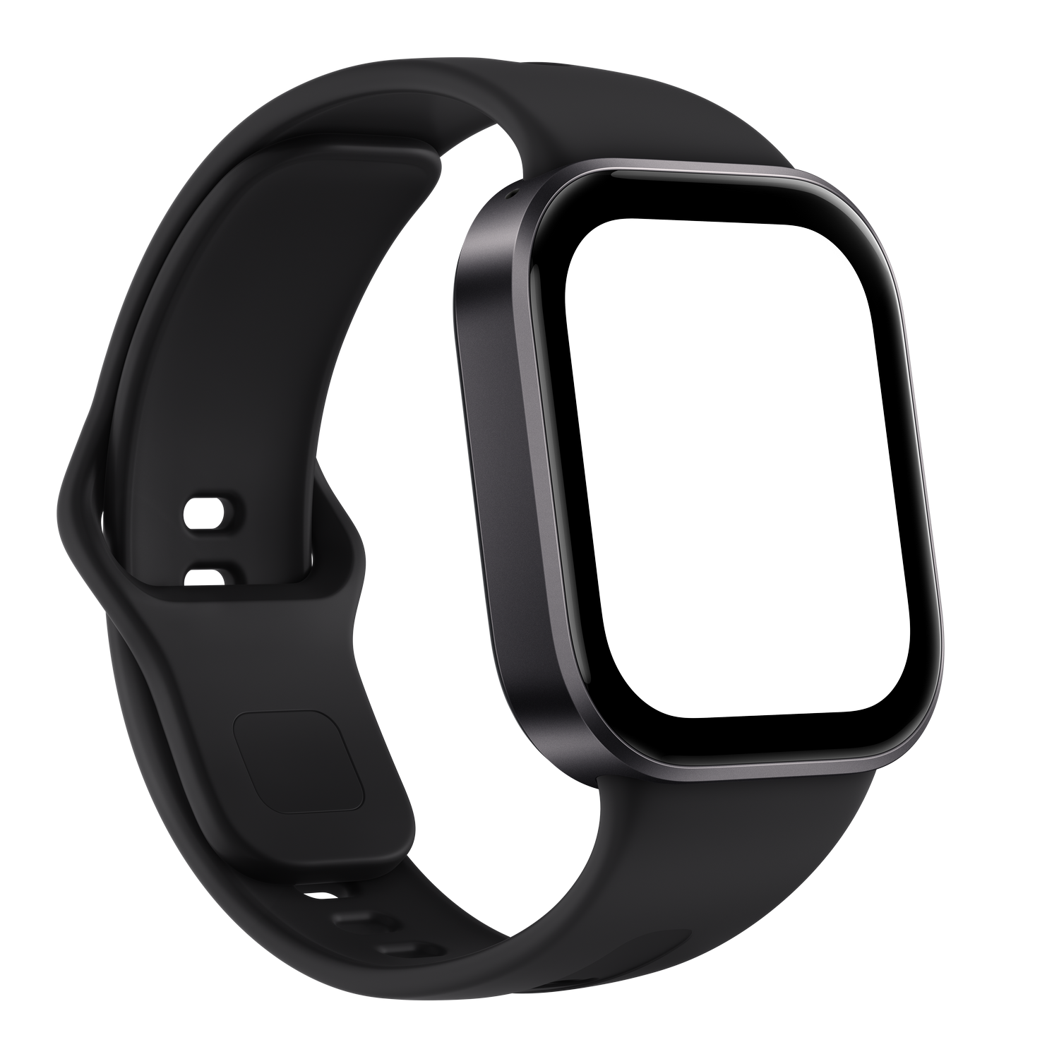 Un reloj inteligente negro con pantalla cuadrada y correa de silicona sobre fondo oscuro.