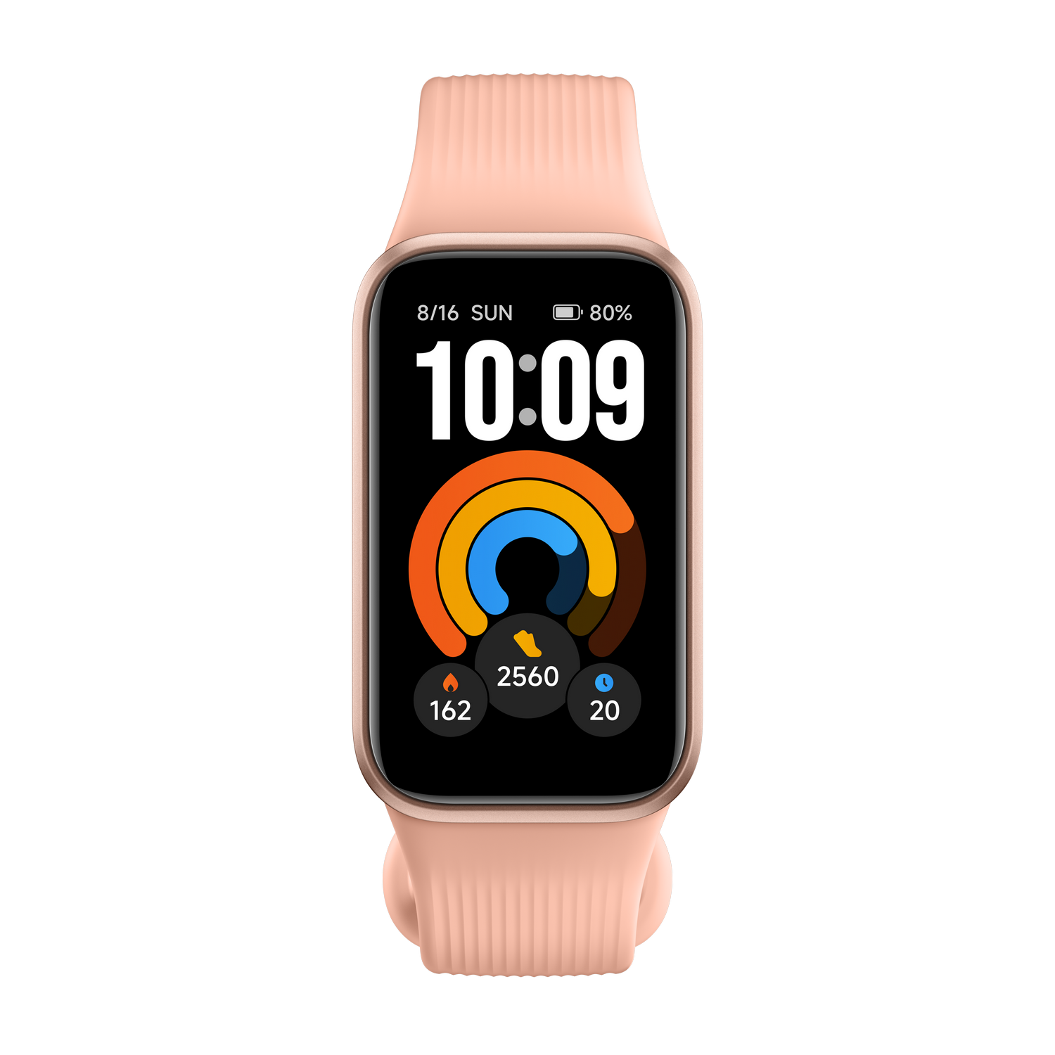 Un reloj inteligente rosa sobre fondo negro muestra la hora, fecha, batería y anillos de actividad coloridos.