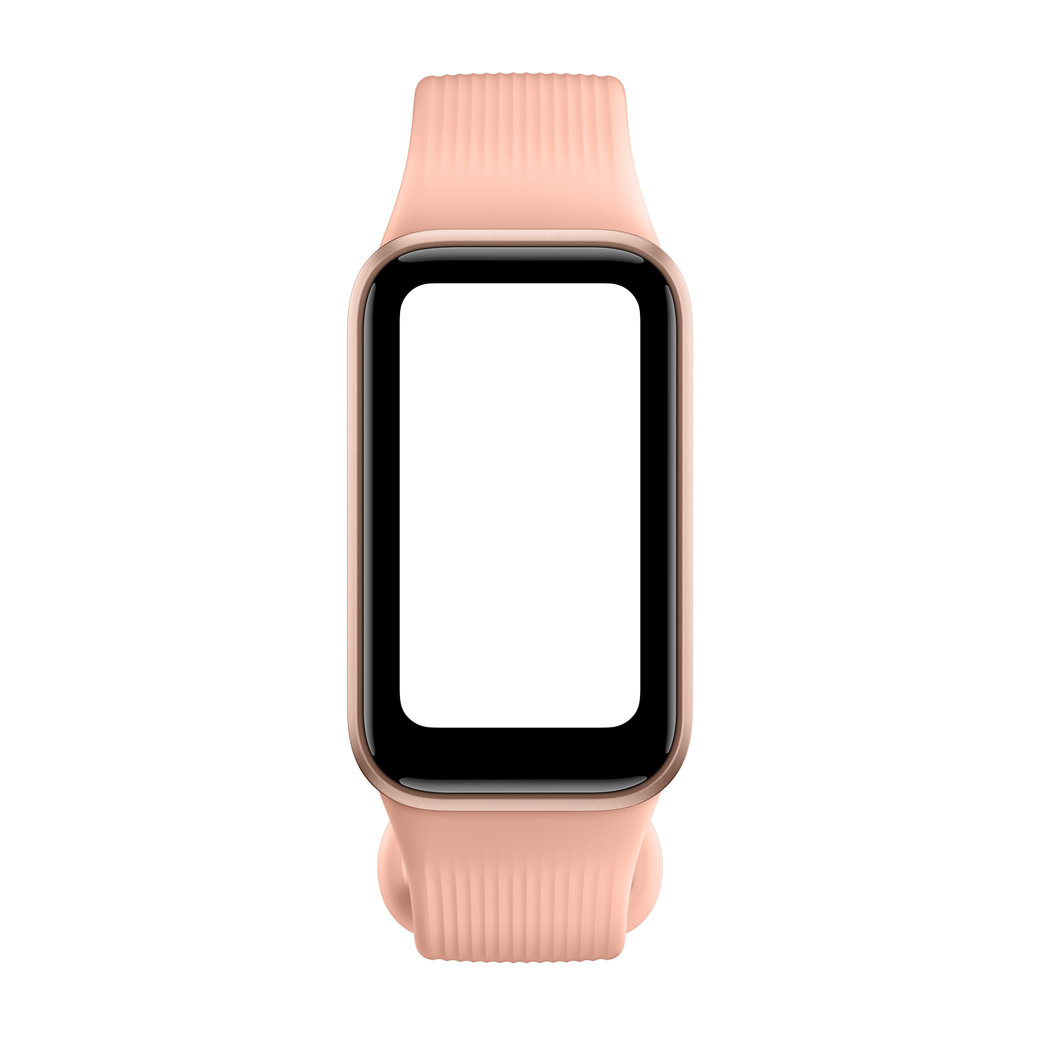 Un reloj inteligente dorado con pantalla negra y correa de silicona está centrado sobre un fondo negro.