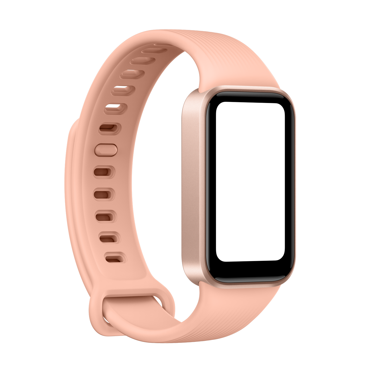 Un reloj inteligente rosa claro con esfera dorada rectangular y correa flexible sobre fondo negro.