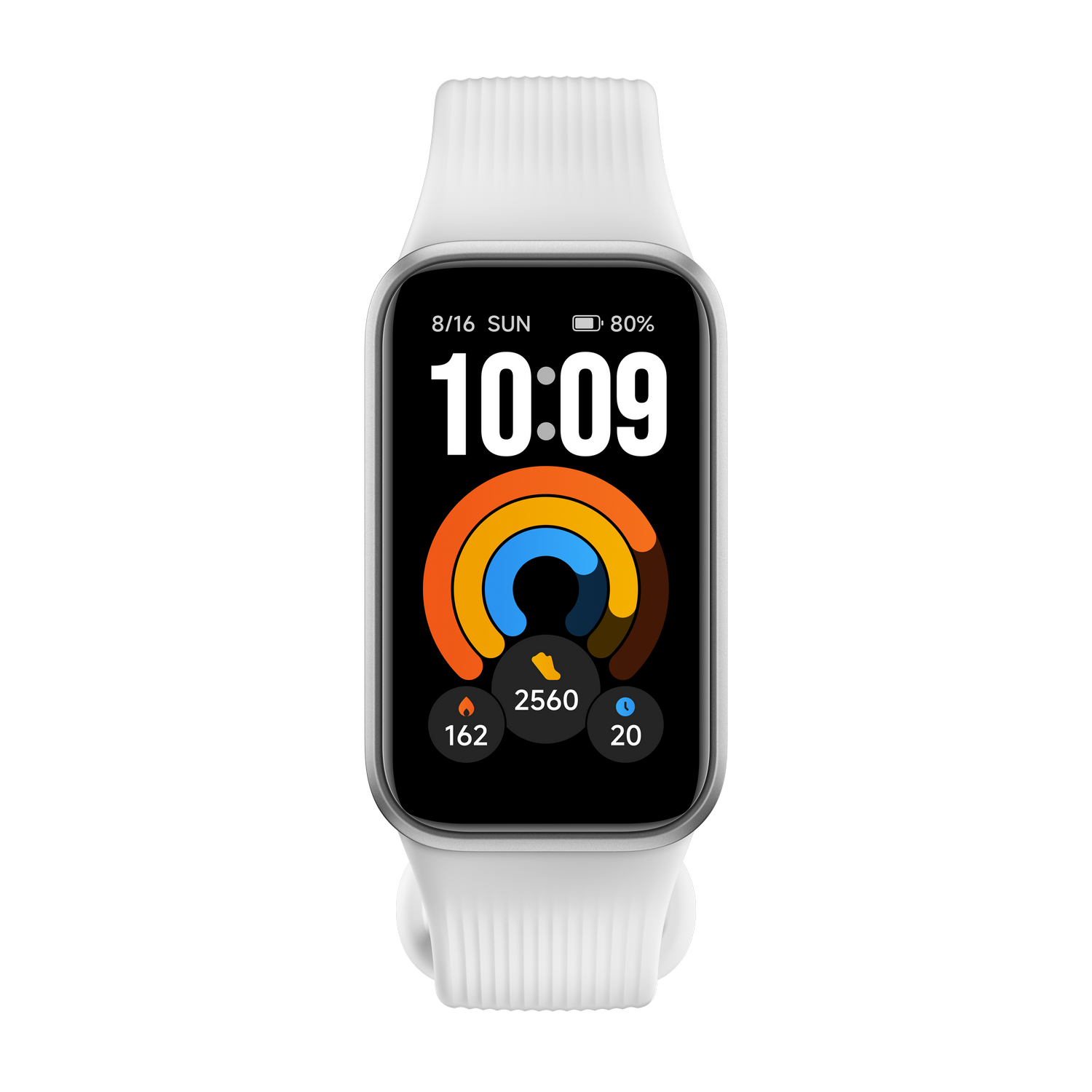 Un reloj inteligente blanco con pantalla rectangular muestra la hora 10:09, anillos de actividad y datos de fitness.
