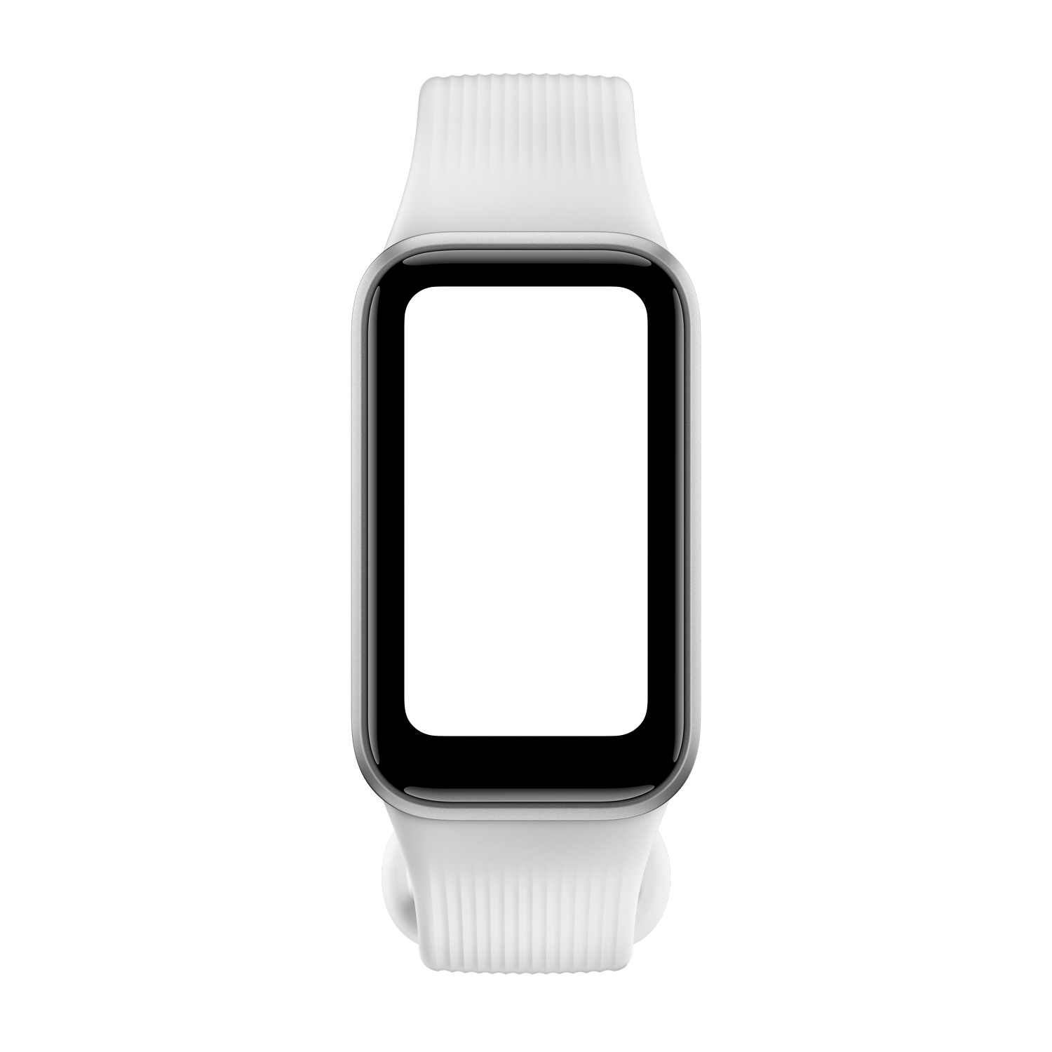 Un reloj inteligente blanco con pantalla rectangular negra, centrado en un fondo negro.
