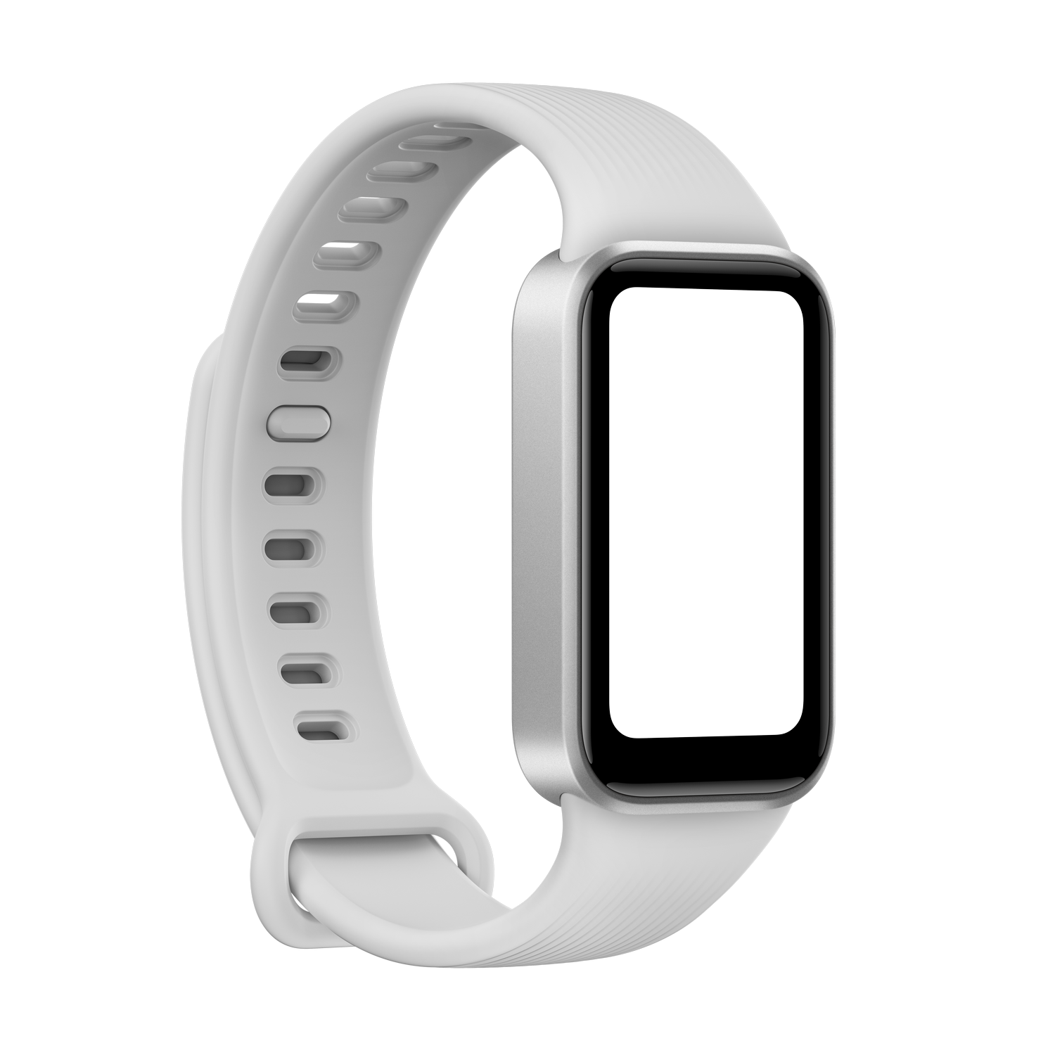Un reloj inteligente blanco con pantalla rectangular y correa texturizada sobre fondo negro.