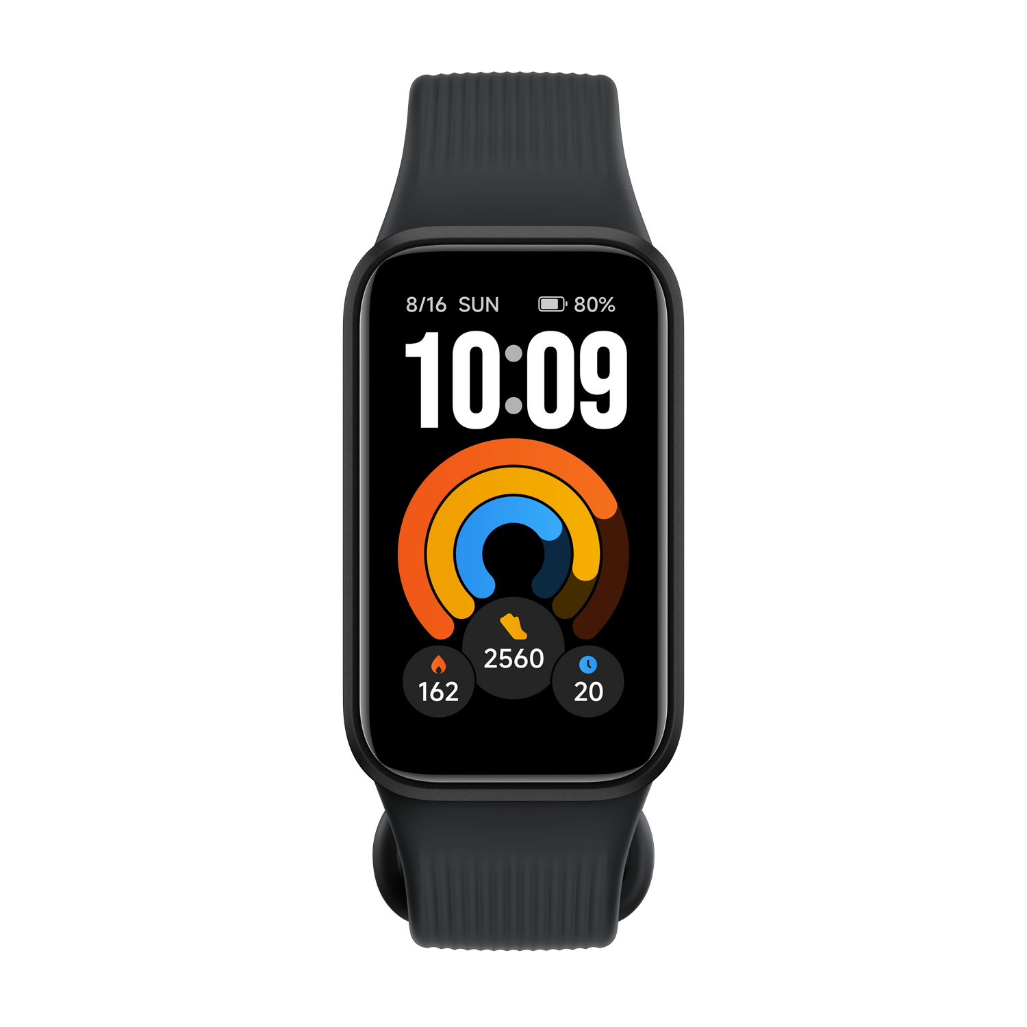 Reloj inteligente negro que muestra hora, fecha, batería y estadísticas de actividad en pantalla colorida.