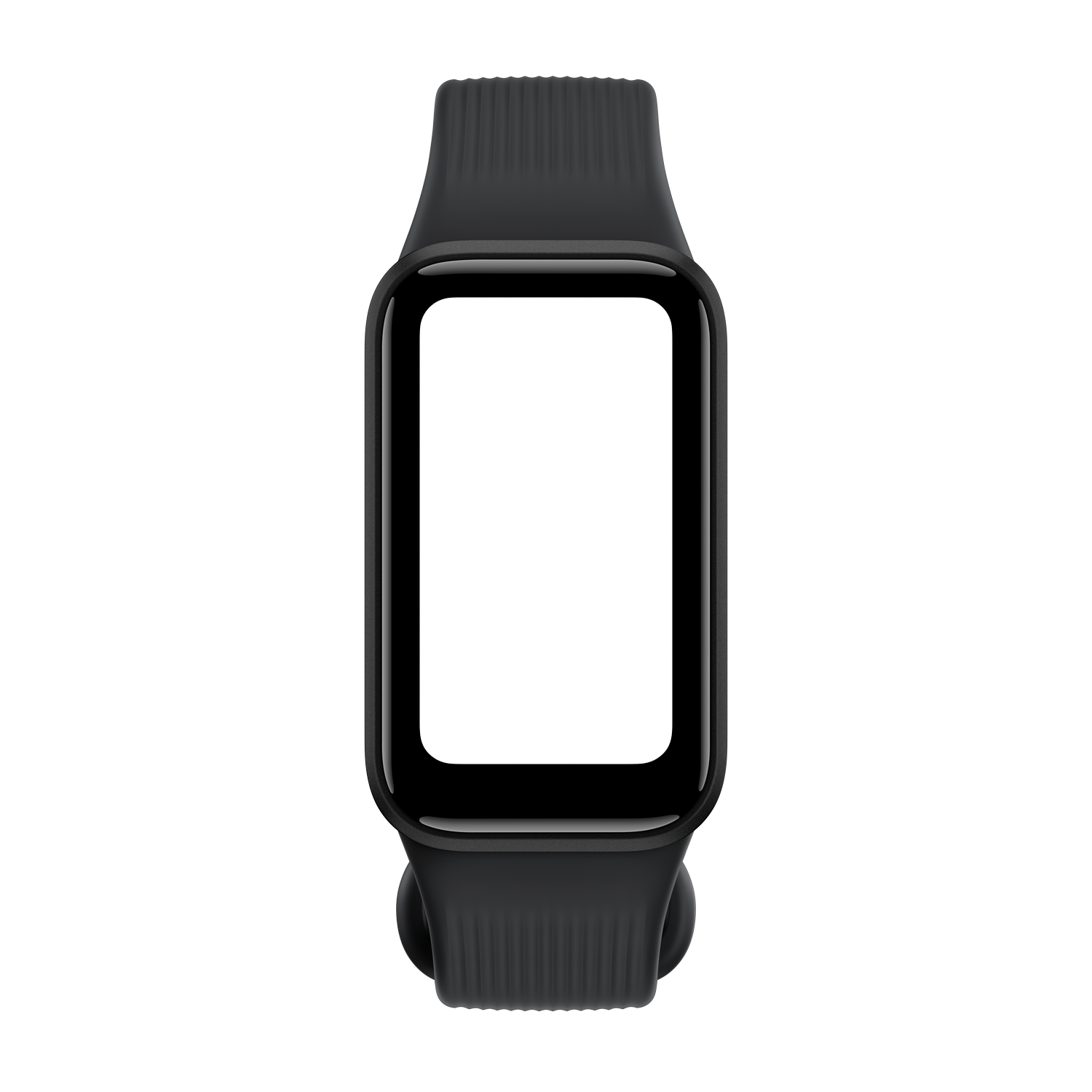 Un reloj inteligente negro con pantalla rectangular en blanco y correa de silicona sobre fondo negro.