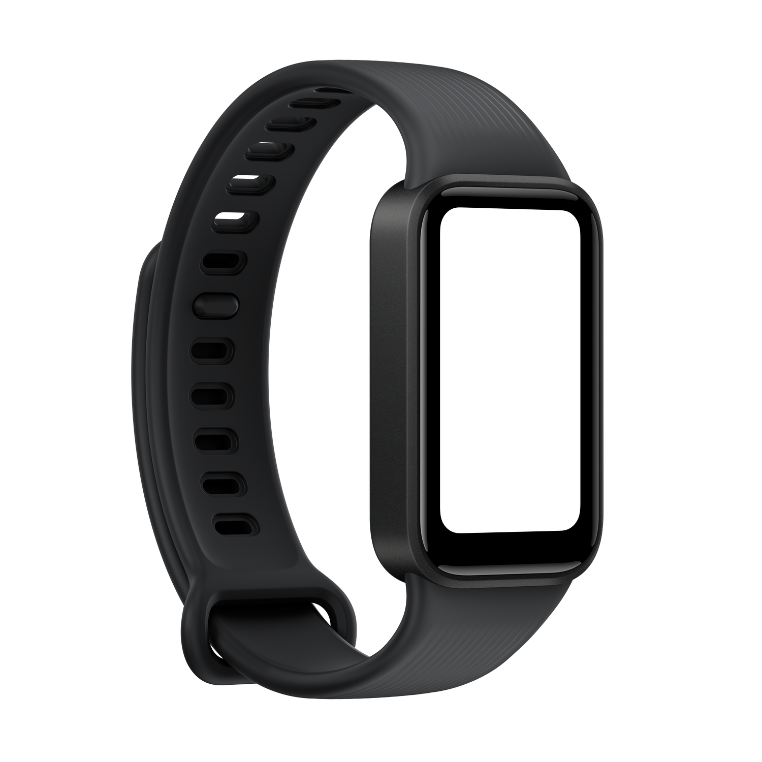 Reloj inteligente negro con pantalla rectangular y correa texturizada sobre fondo oscuro.