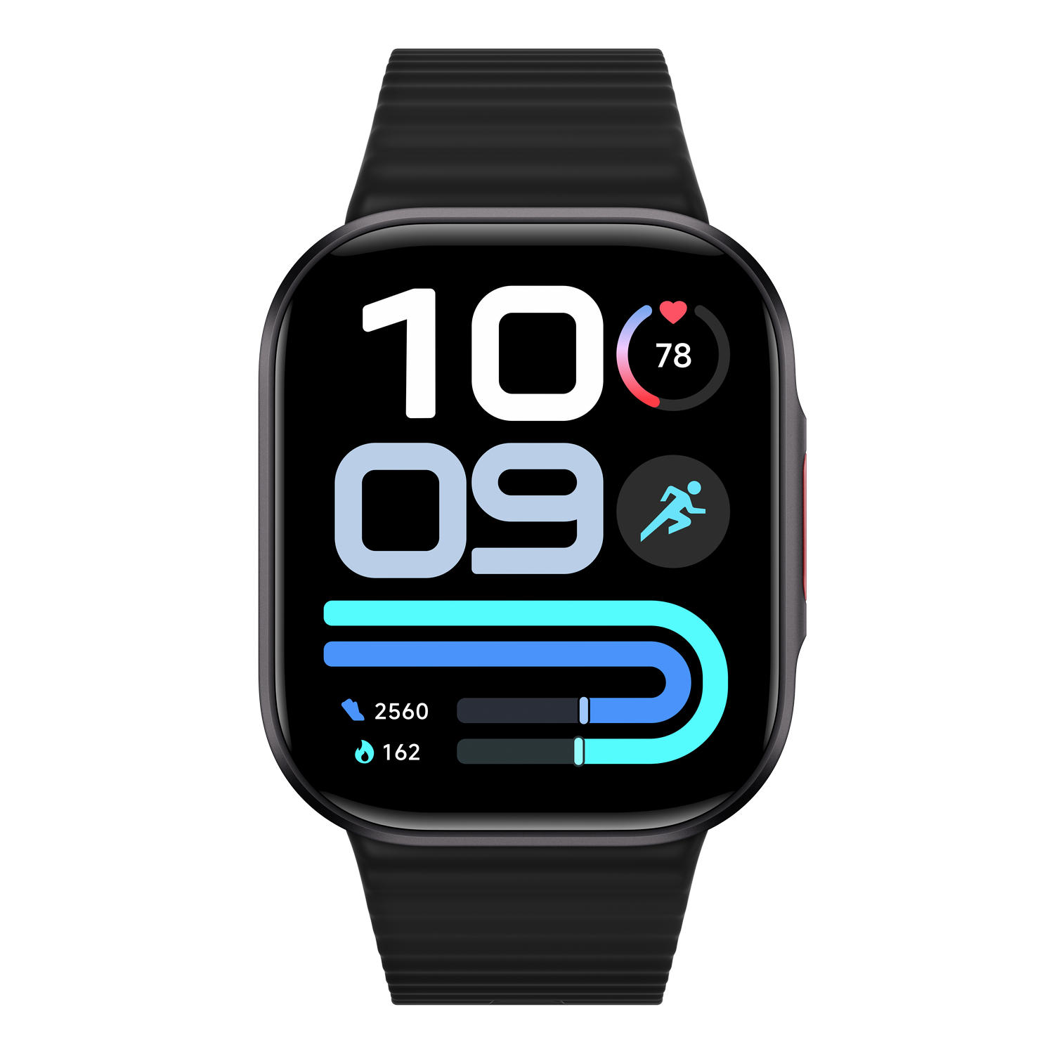 Reloj inteligente negro con hora digital, monitor de frecuencia cardíaca, podómetro y barras de actividad sobre fondo negro.
