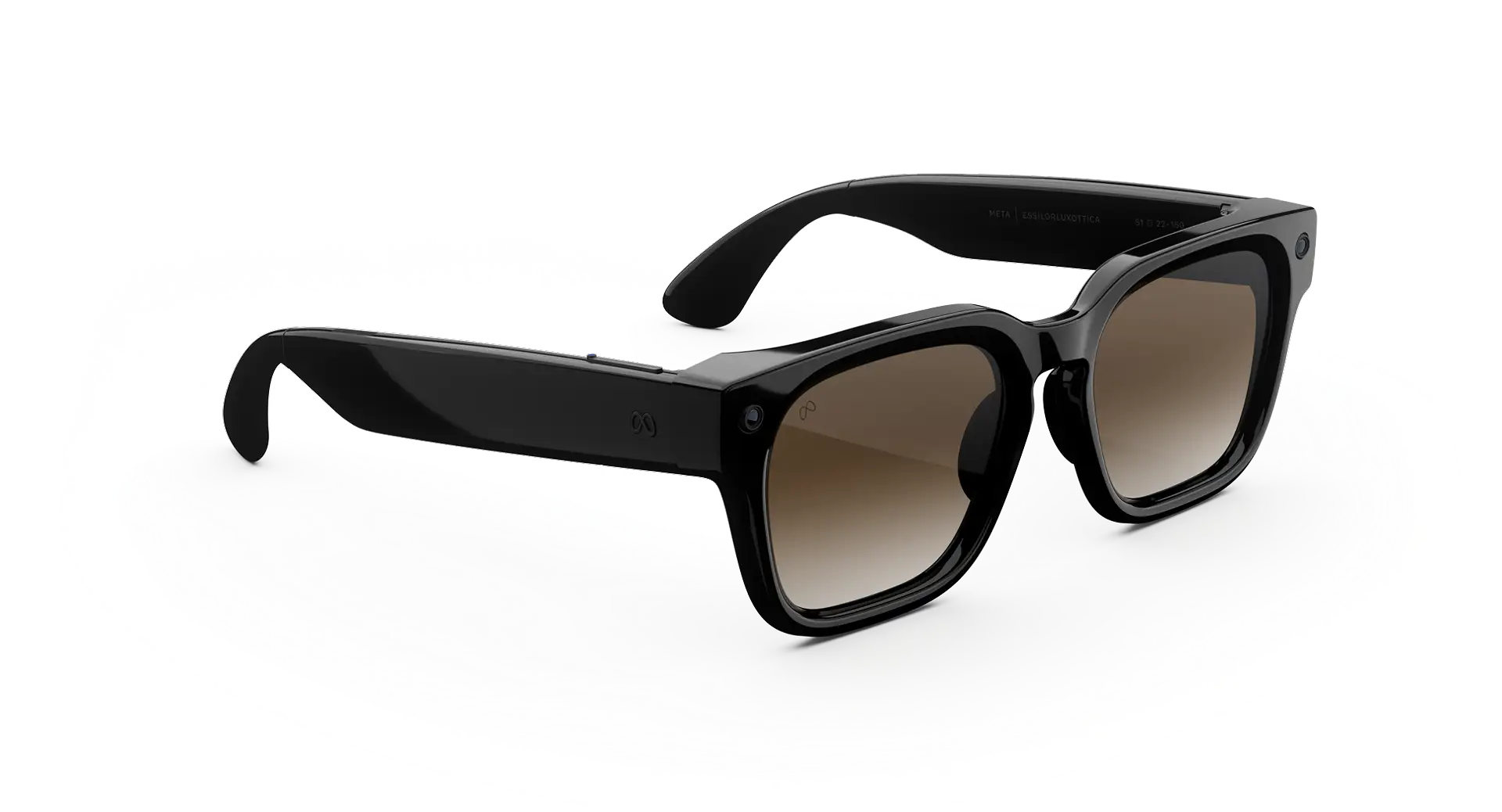 Gafas inteligentes negras y brillantes con lentes marrones en fondo oscuro.