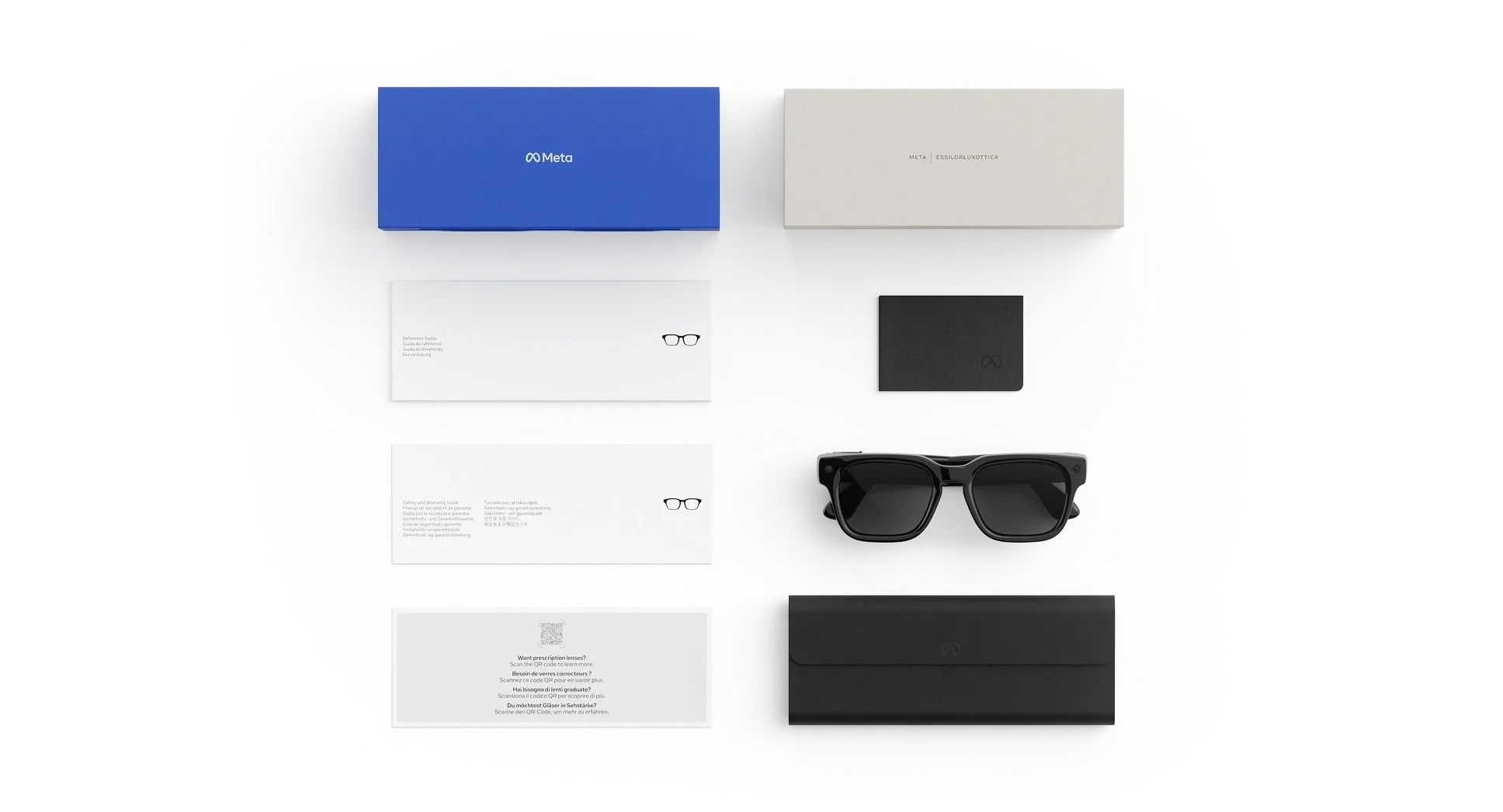 Gafas inteligentes Meta, estuches y documentos ordenados sobre fondo negro.