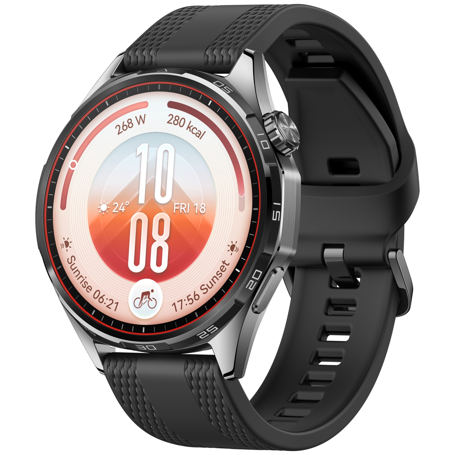 An elegant smartwatch with a black silicone strap and a digital display showing fitness metrics.