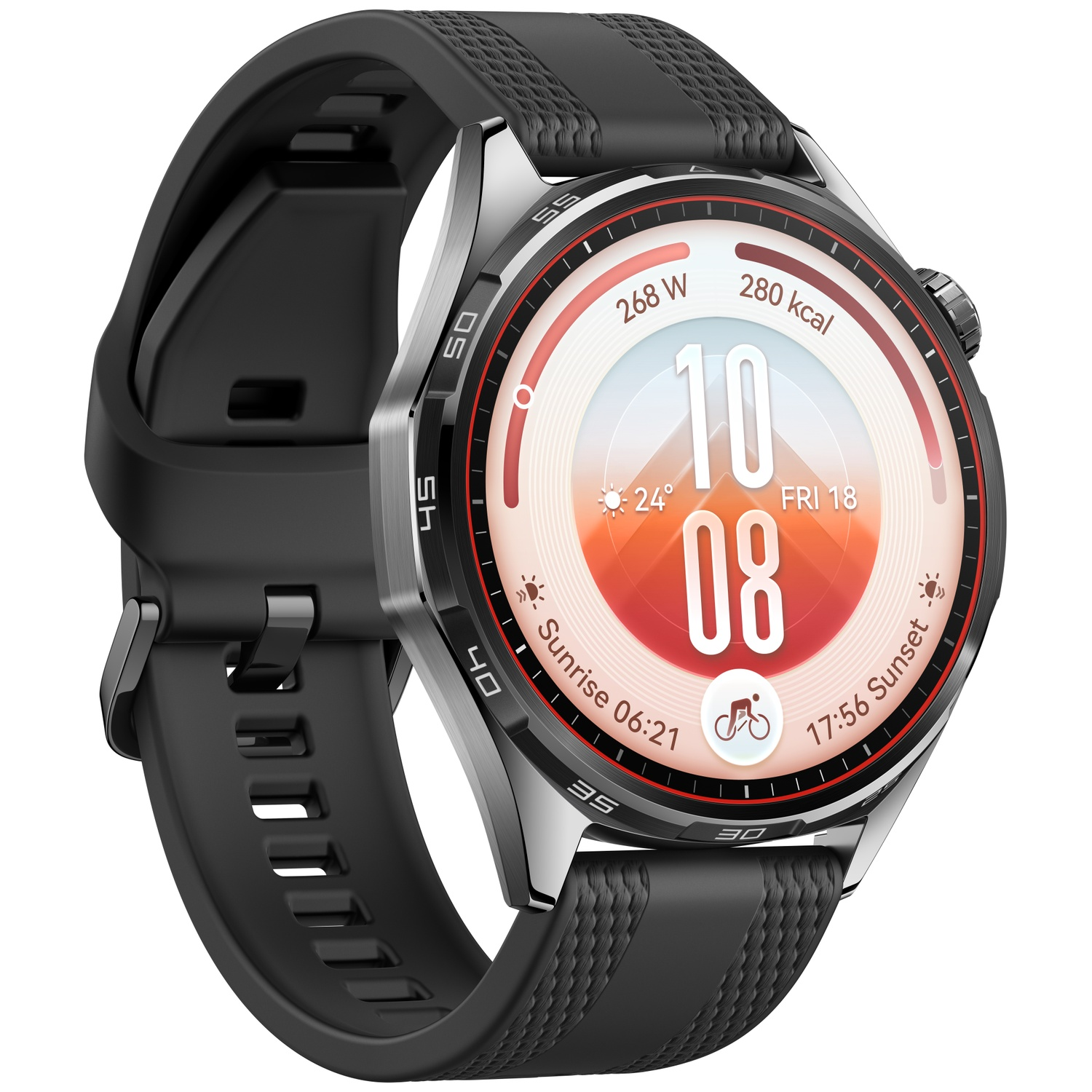 A black smartwatch with a metal case, digital watch face, and black rubber strap.