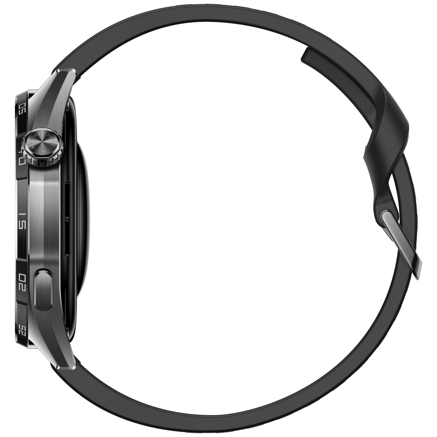 Side view of a black smartwatch with a metal case and rubber strap against a white background.