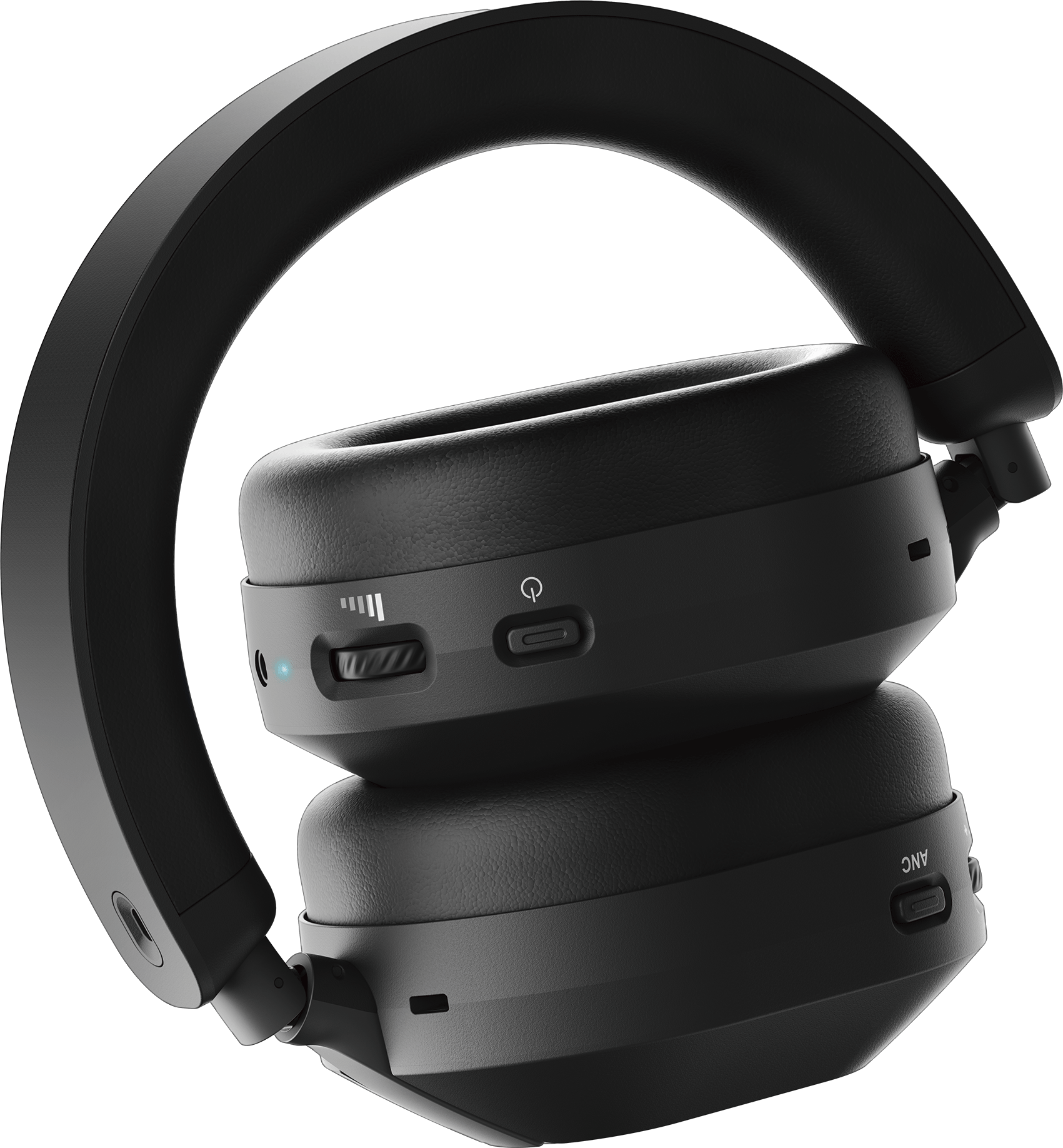 Schwarze Over-Ear-Kopfhörer mit Bedienelementen und gepolsterten Ohrmuscheln vor schwarzem Hintergrund.
