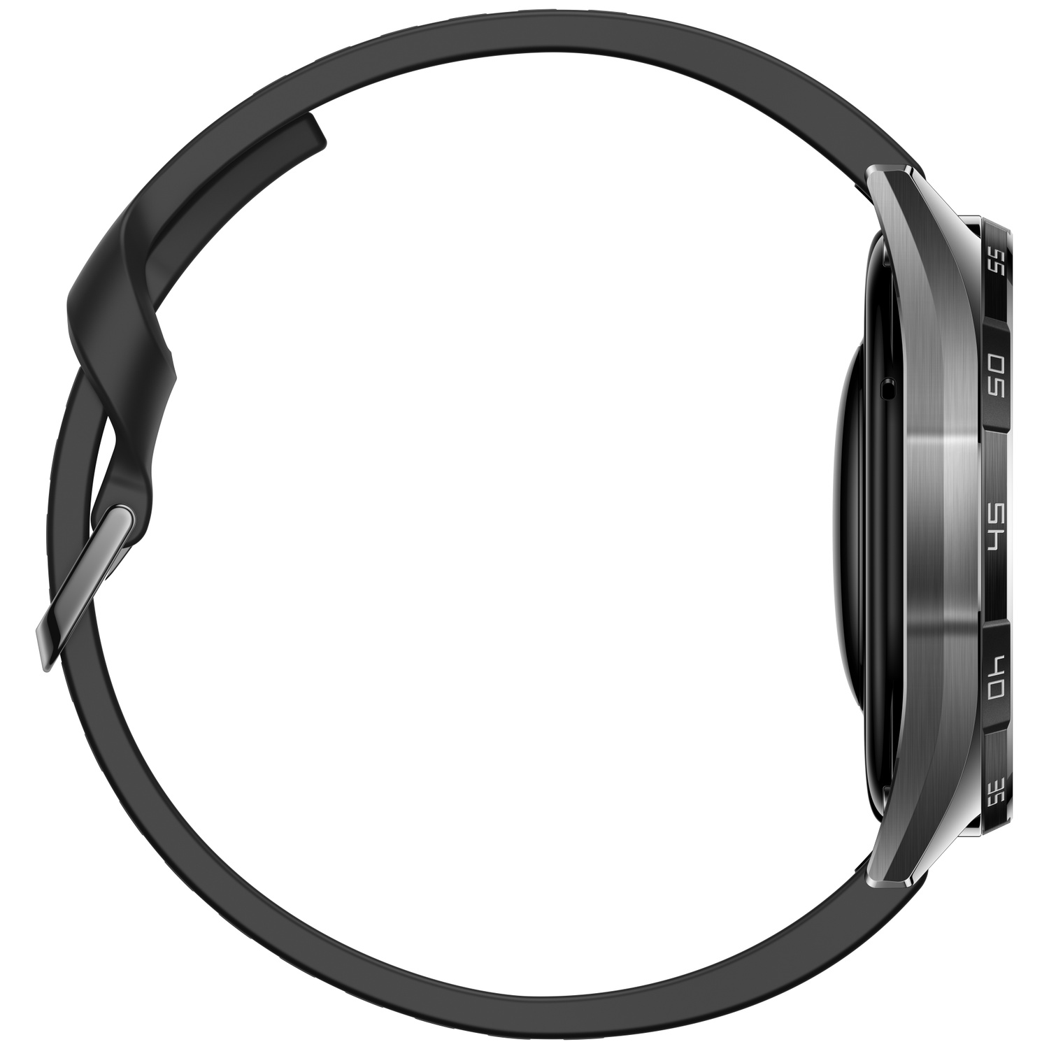 Side view of a black smartwatch with a black silicone strap and a silver bezel on a white background.