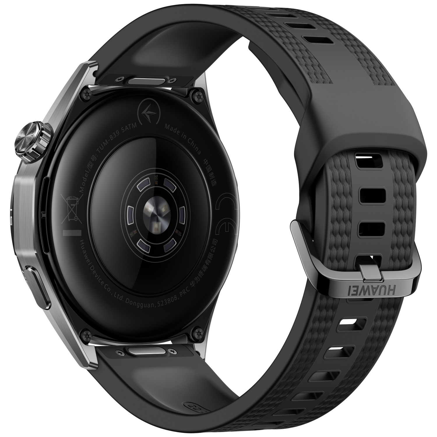 Back of a black smartwatch with sensor icons and a perforated silicone strap against a white background.
