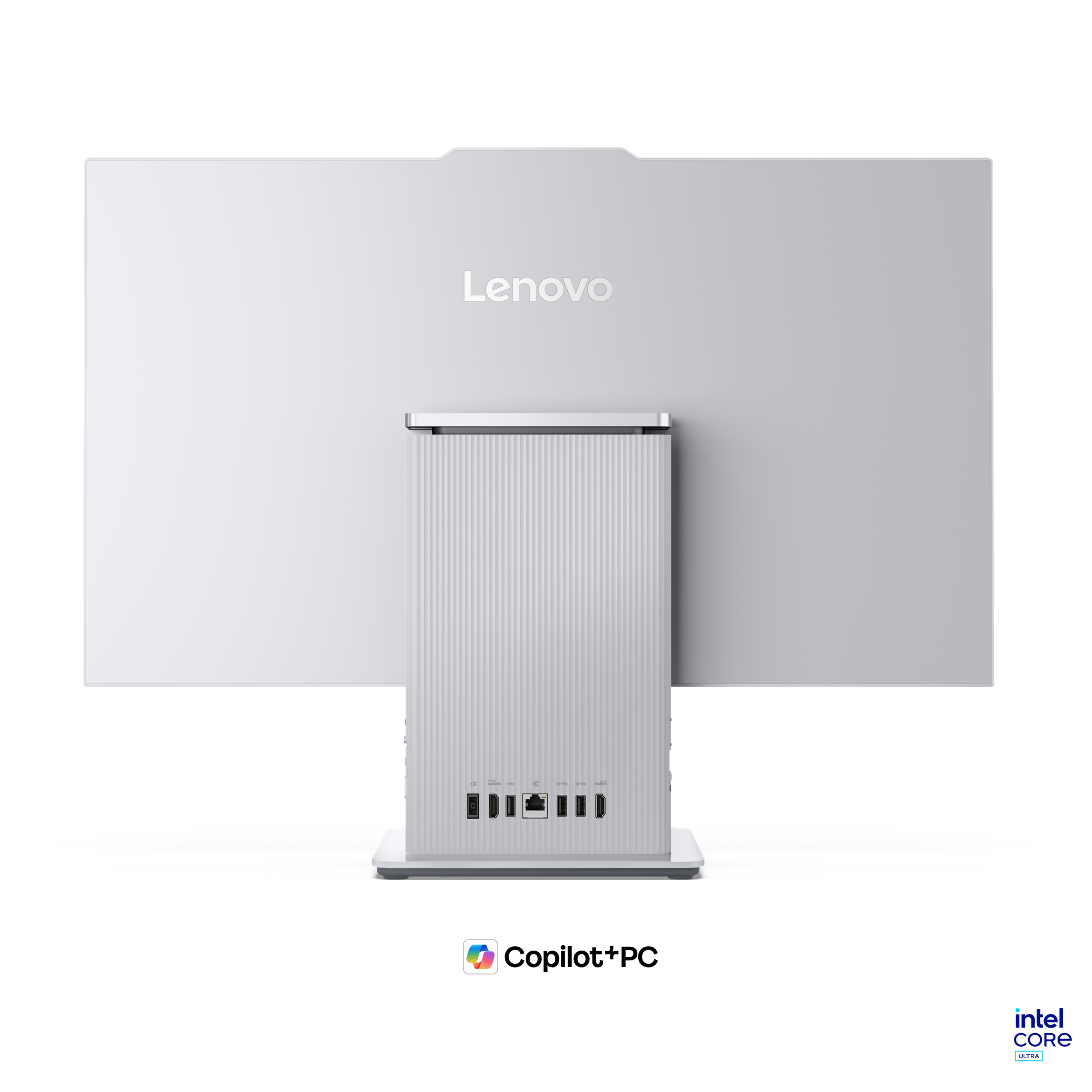 Siyah arka plan üzerinde dokulu standı olan beyaz bir Lenovo hep bir arada bilgisayarın arka görünümü.