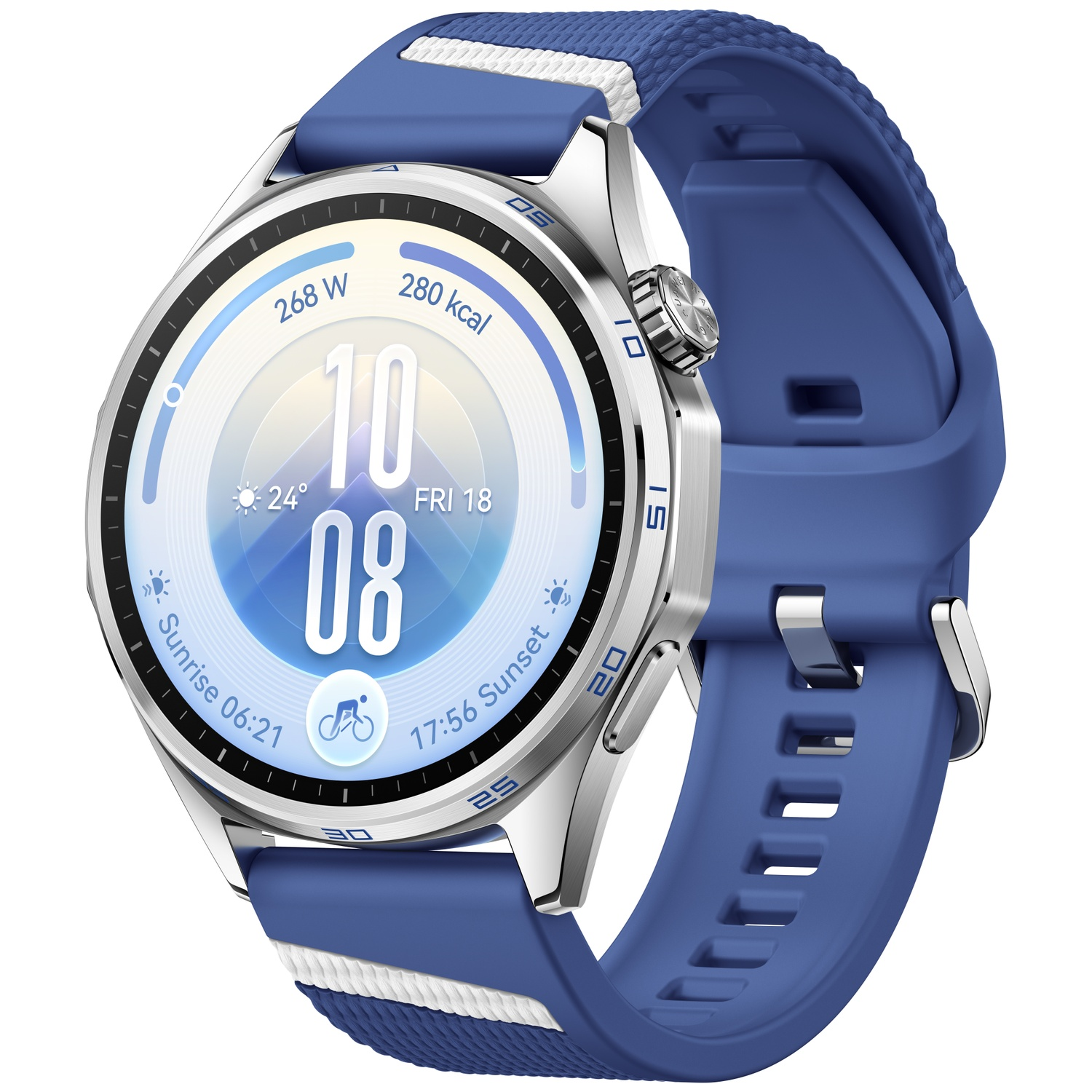 A silver smartwatch with a blue silicone strap showing time 10:08, calories, and sunrise info on a digital dial.