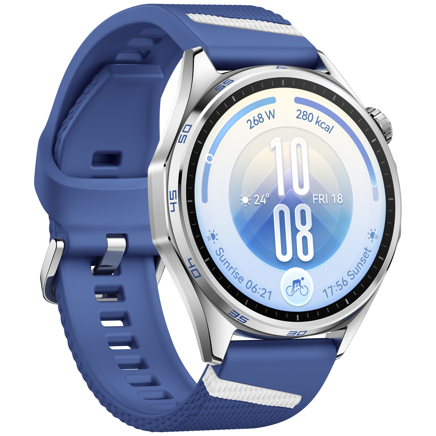 Blue smartwatch with silver case, digital display showing time, weather, and fitness data.
