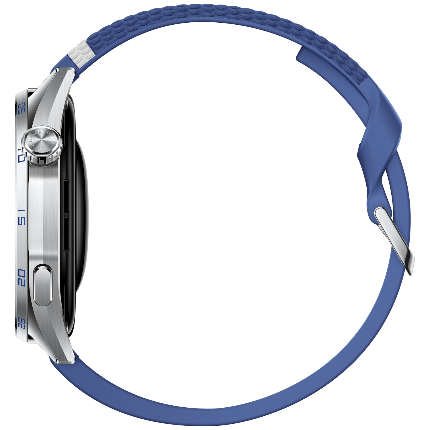 Side view of a silver smartwatch with a blue textured silicone strap against a white background.