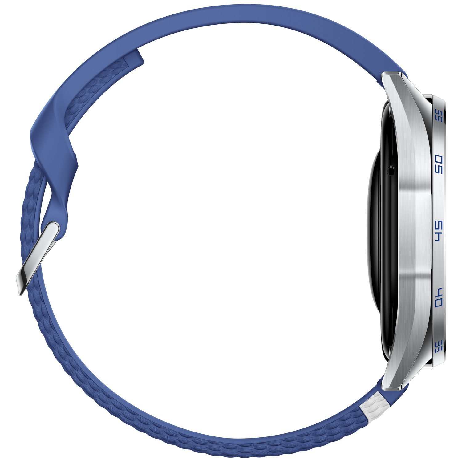 Side view of a smartwatch with a silver case and textured blue strap against a white background.
