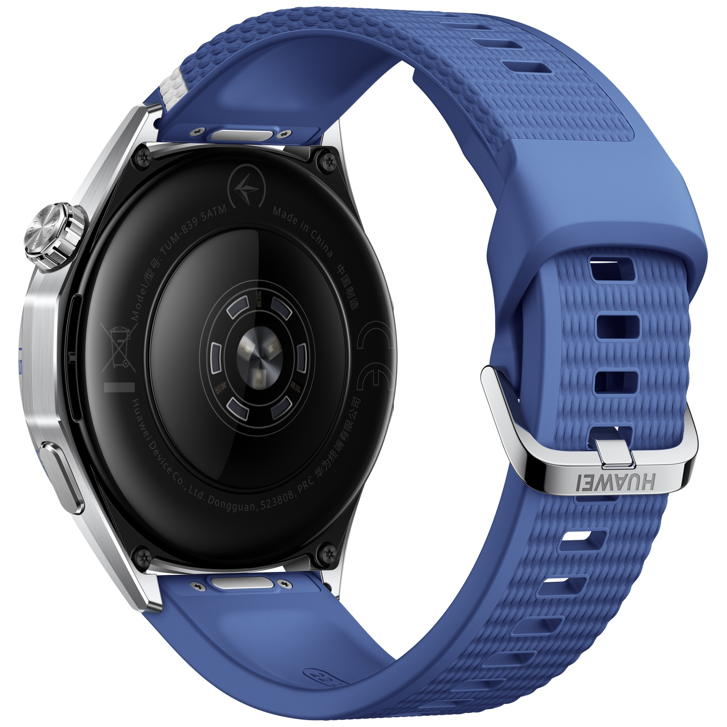 Back of a smartwatch with a silver case, black sensor, and textured blue strap.