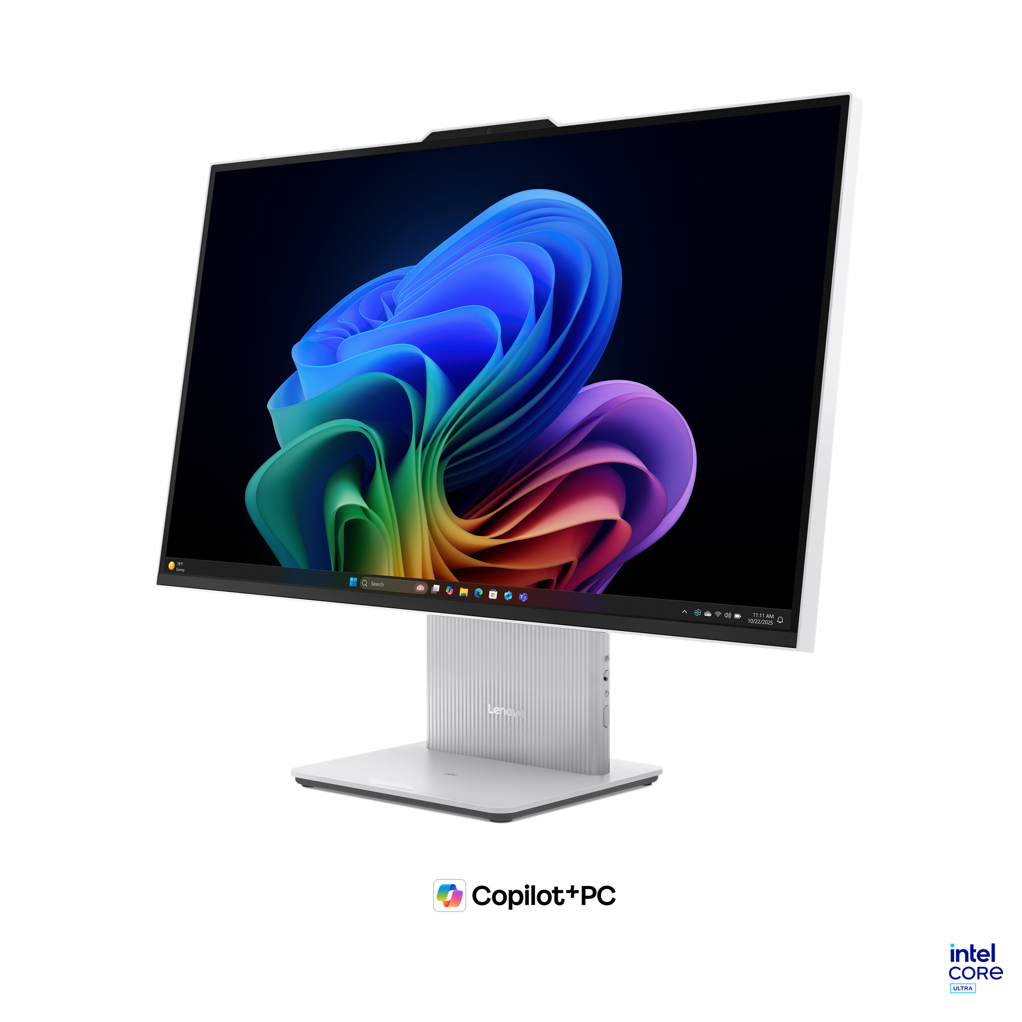 Siyah arka plan üzerinde beyaz bir Lenovo hep bir arada PC, soyut renkli bir Windows duvar kağıdı gösteriyor.