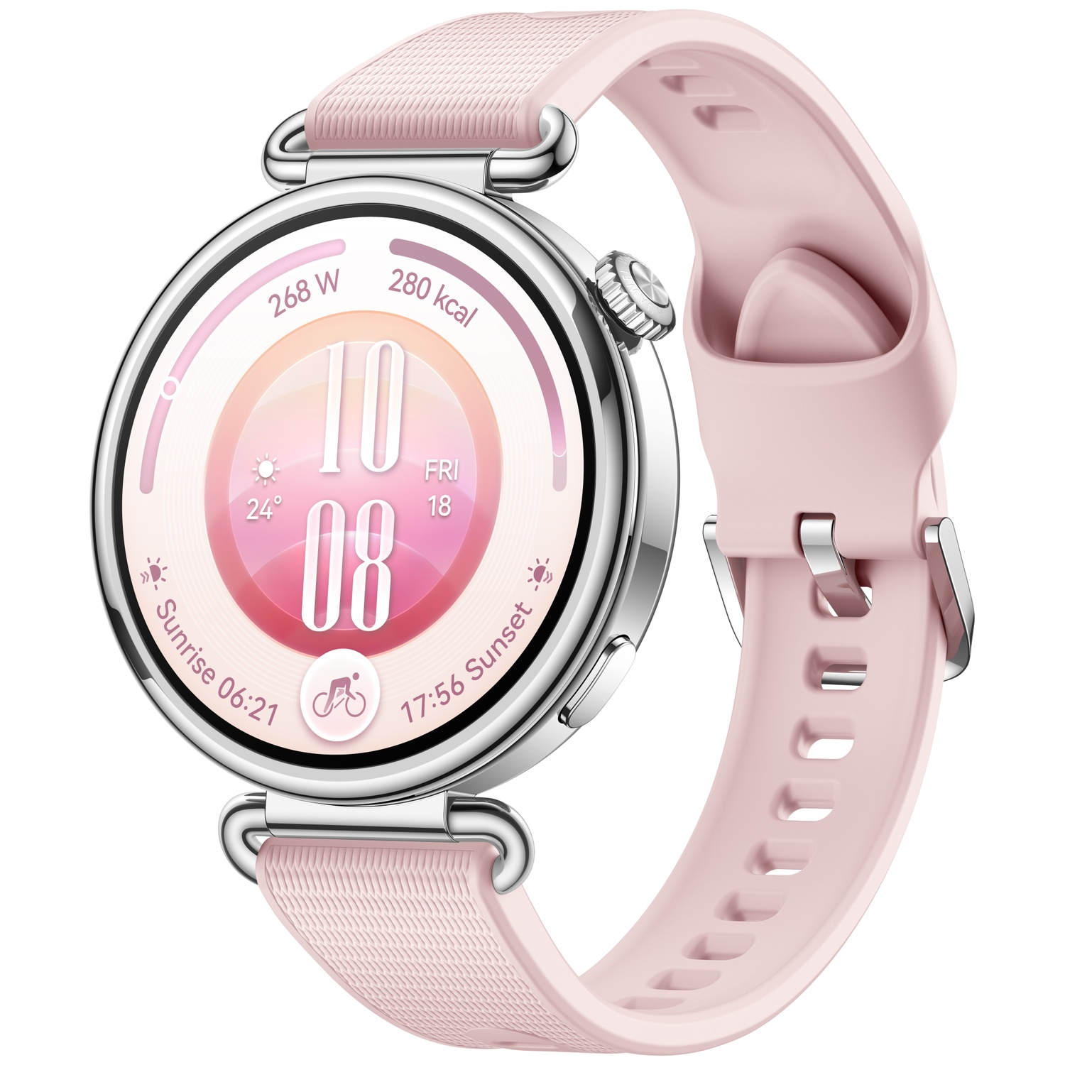A pink smartwatch with a round display, silver case, and pink silicone strap against a plain white background.