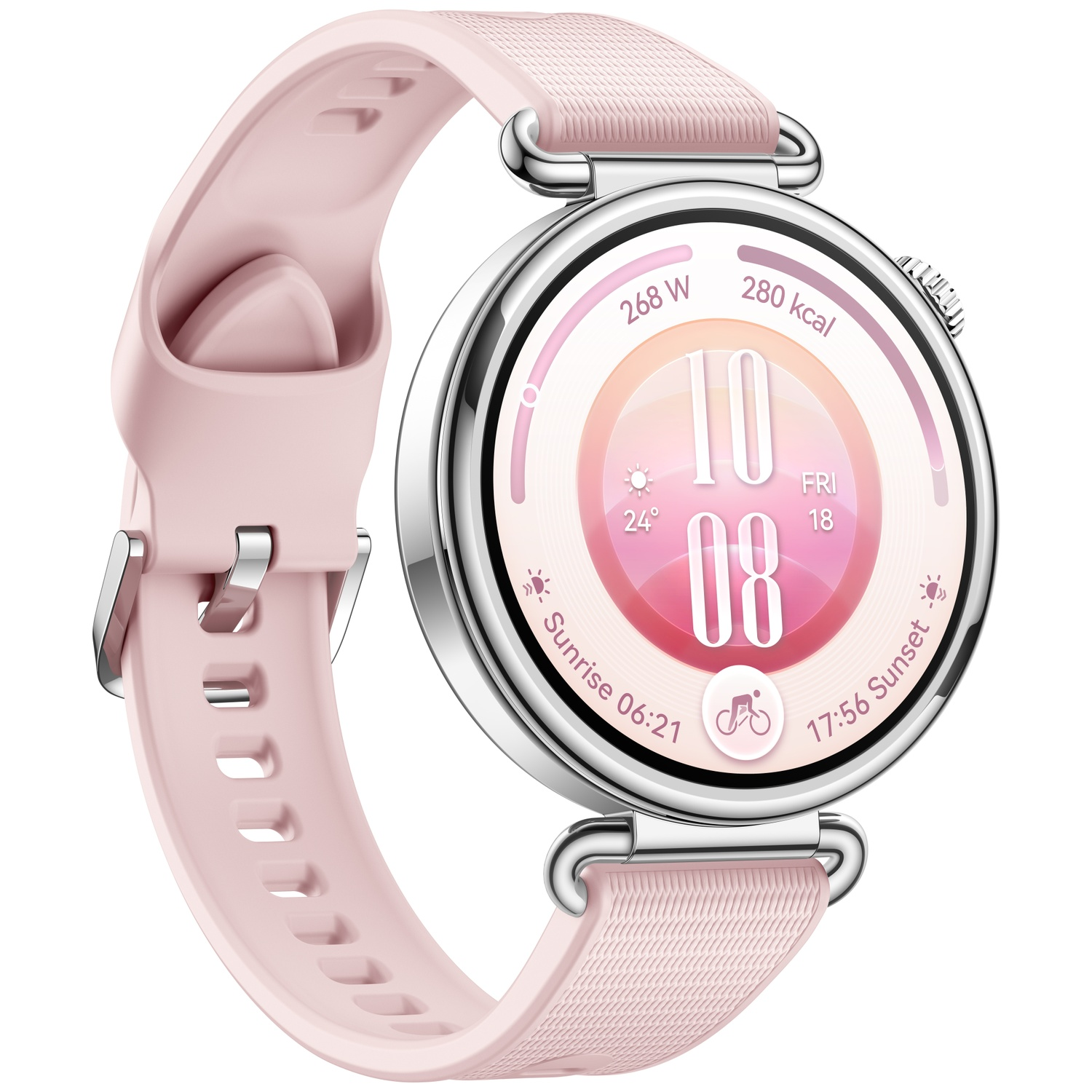 A pink smartwatch with a silver case and a pink strap displays time, date, and fitness stats on its round screen.