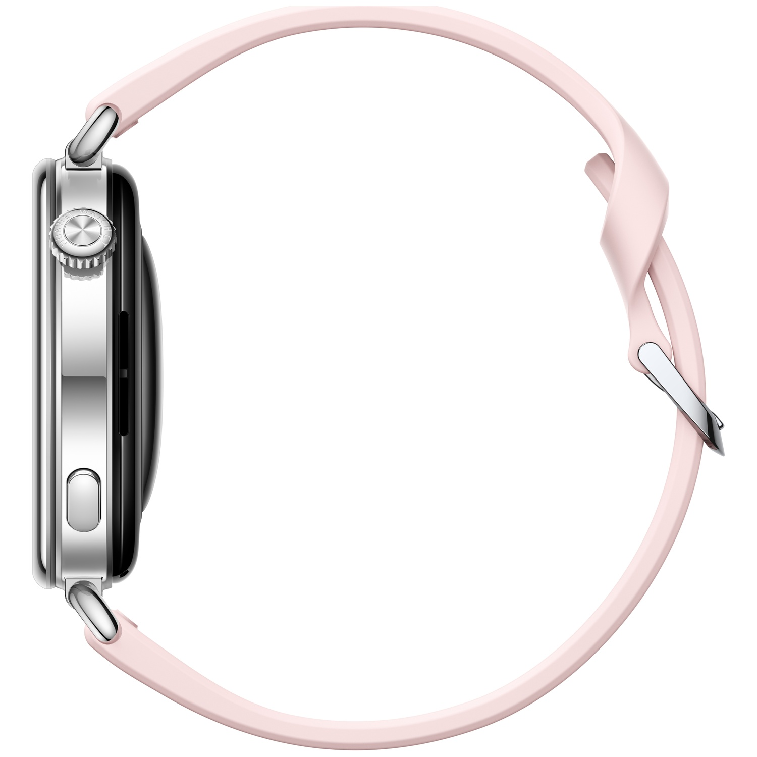 Side view of a smartwatch with a silver case, crown button, and light pink strap on a white background.