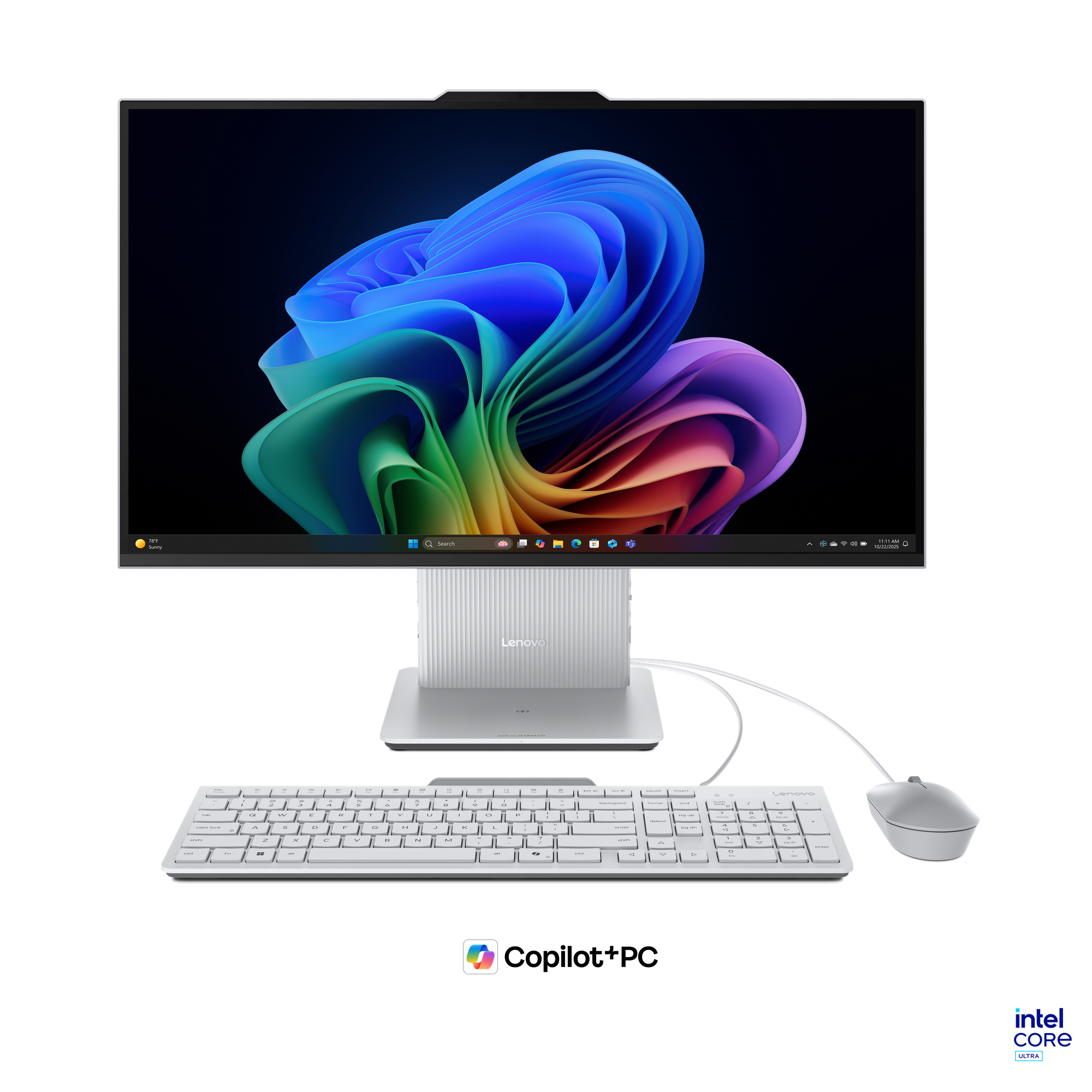 Siyah arka plan üzerinde renkli ekranlı, beyaz klavye ve fareye sahip bir Lenovo hepsi bir arada masaüstü bilgisayar.