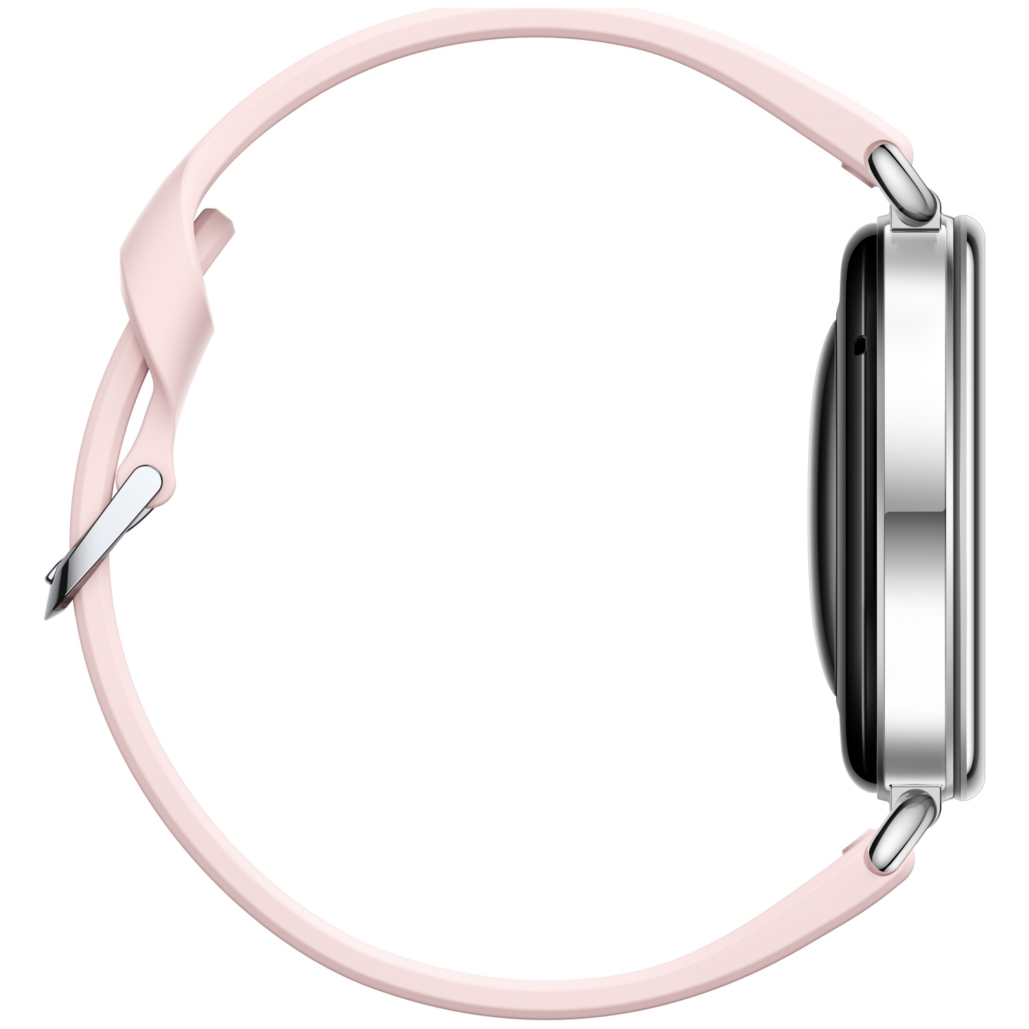 Side view of a smartwatch with a silver case, black bezel, and a light pink silicone strap.