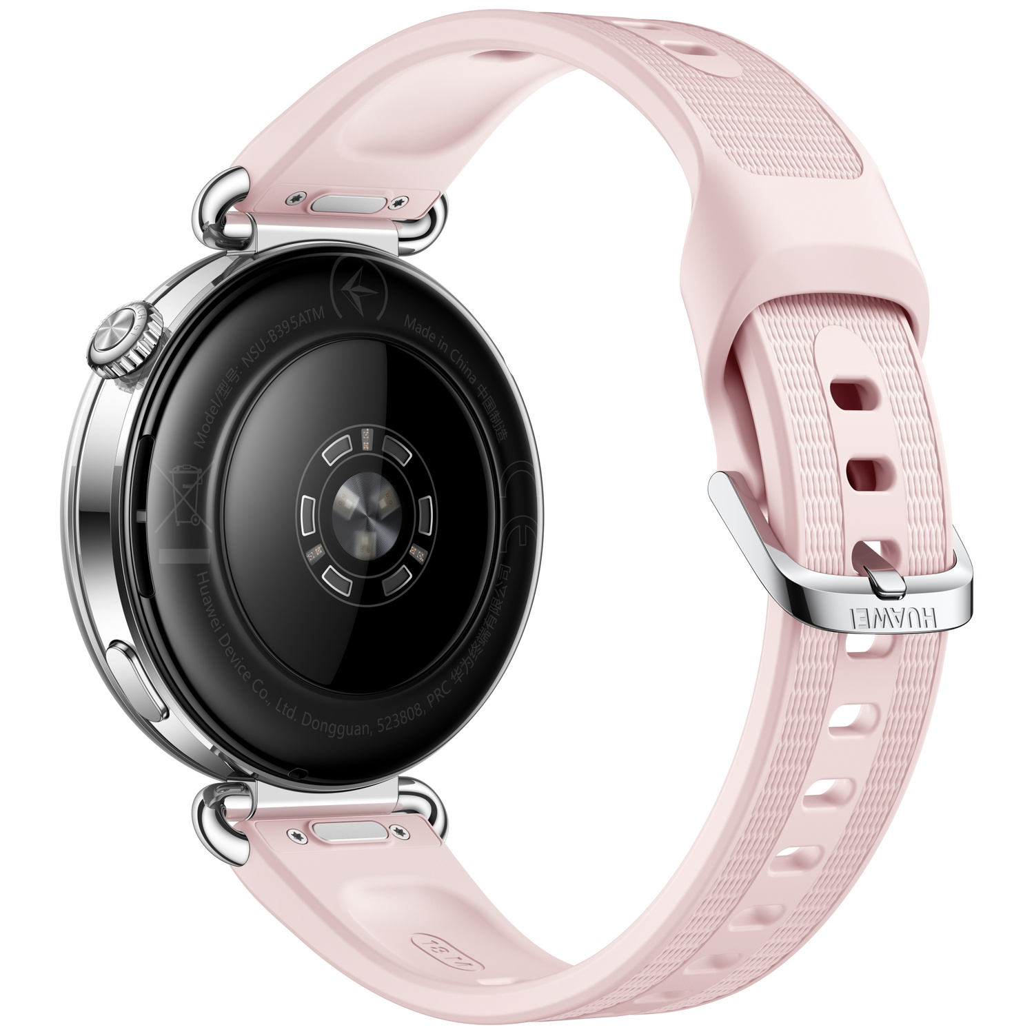Back of a round smartwatch with a silver case and pink silicone strap, isolated on a white background.