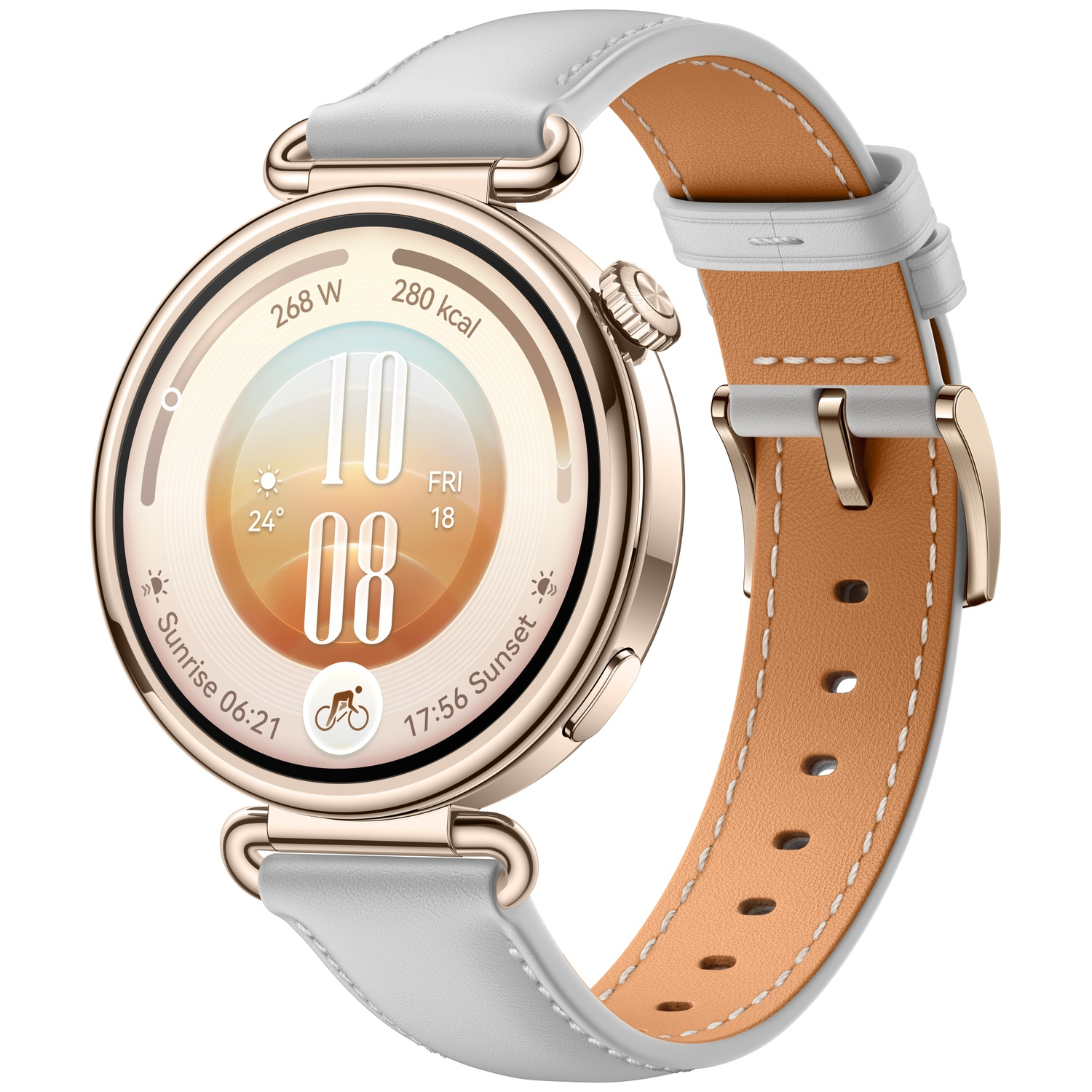 A rose gold smartwatch with a white leather strap and a digital watch face displaying time and weather.