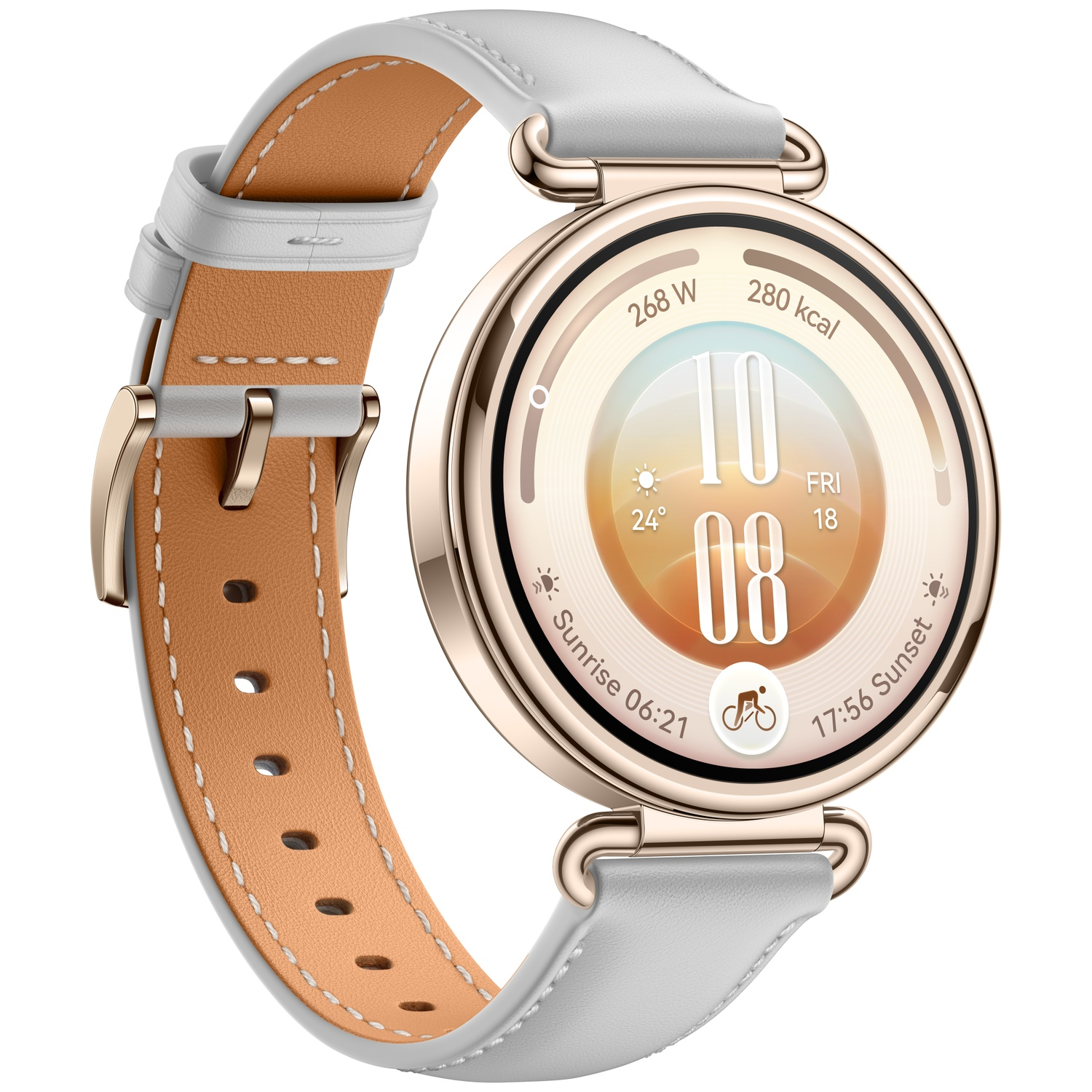 An elegant rose gold smartwatch with a white leather strap and digital display on a white background.