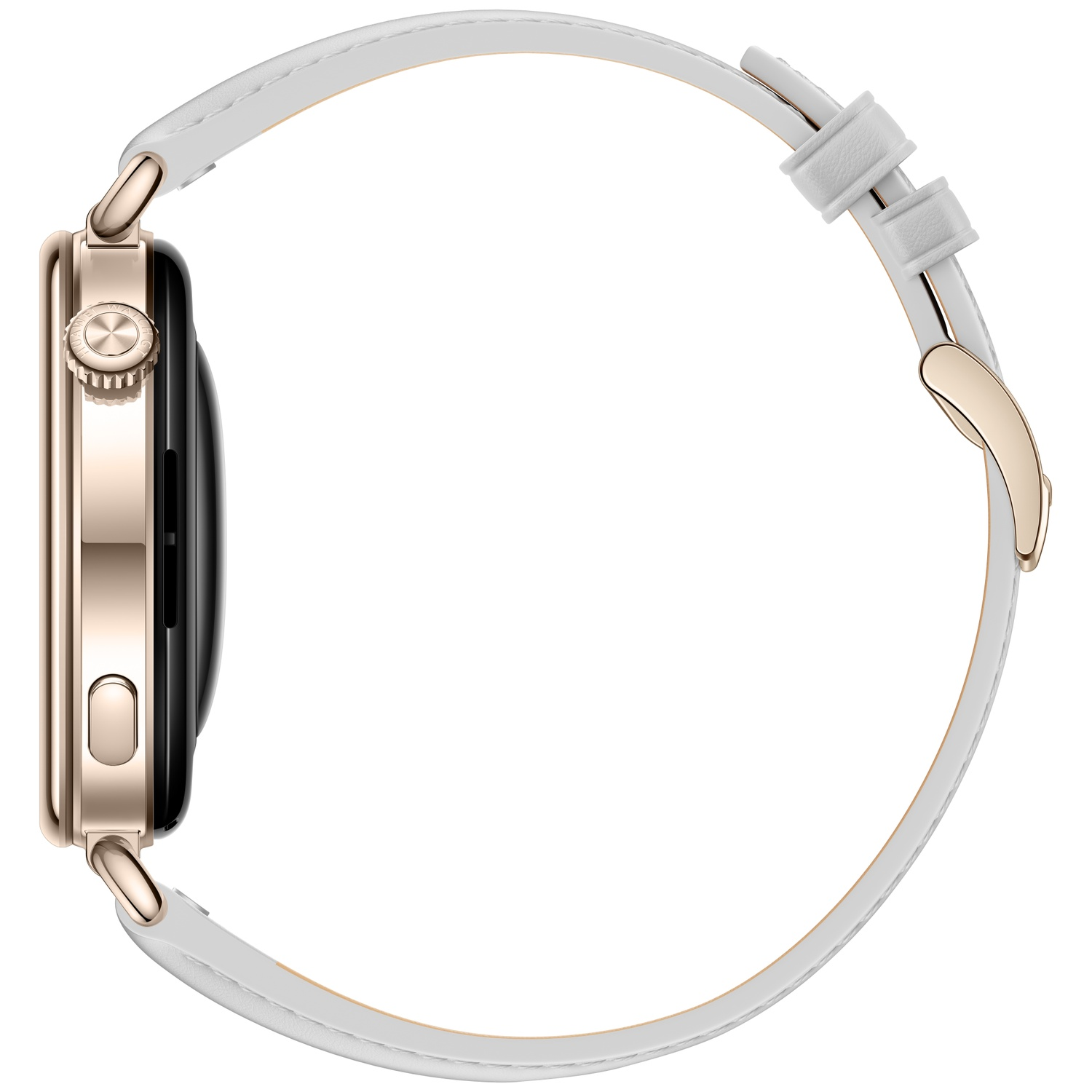A rose gold smartwatch with a white leather strap and side buttons.