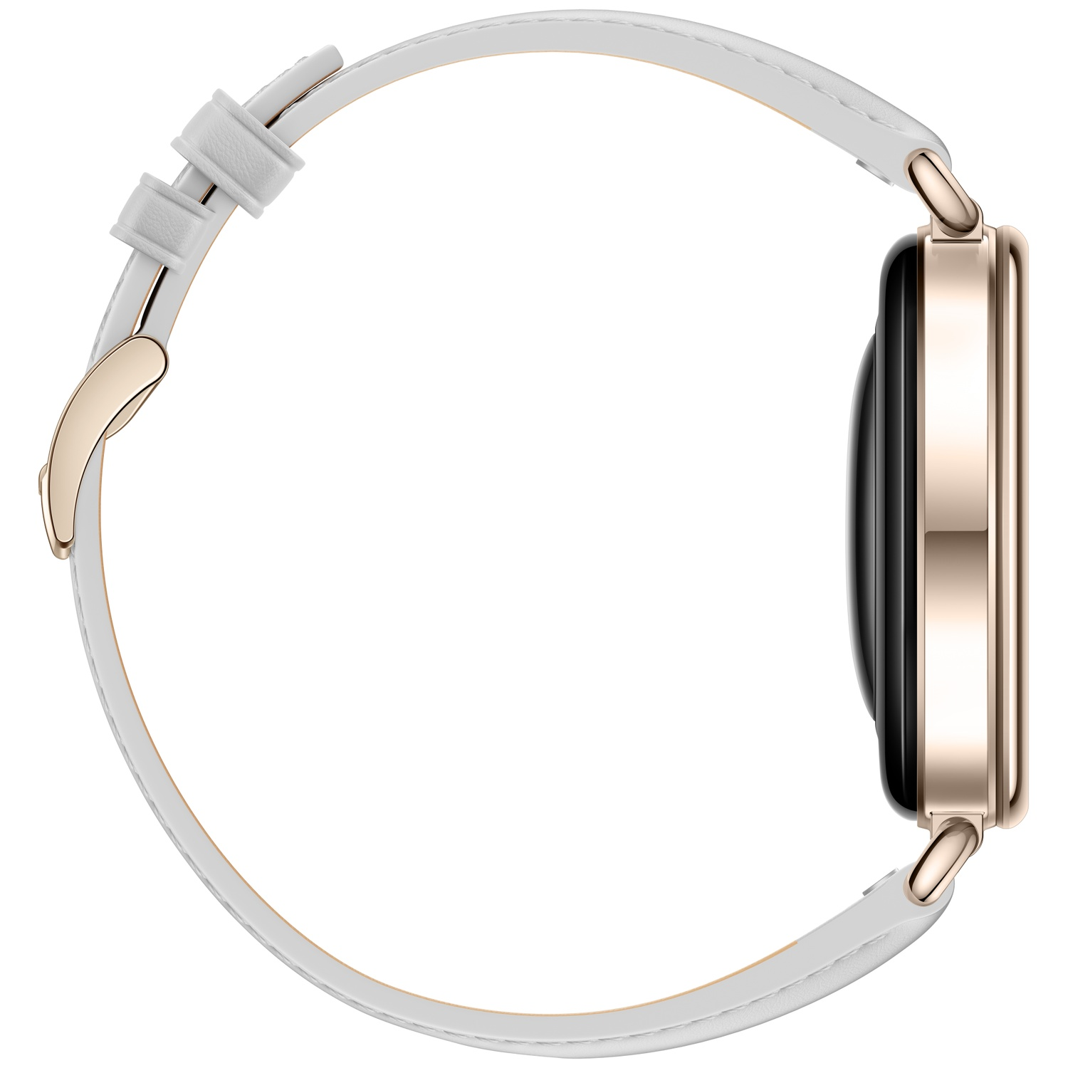 Side view of a smartwatch with a rose gold case and white leather strap on a white background.