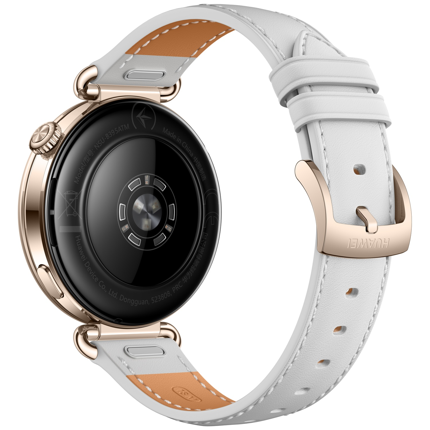 Back of a rose gold smartwatch featuring a white leather strap and sensor.
