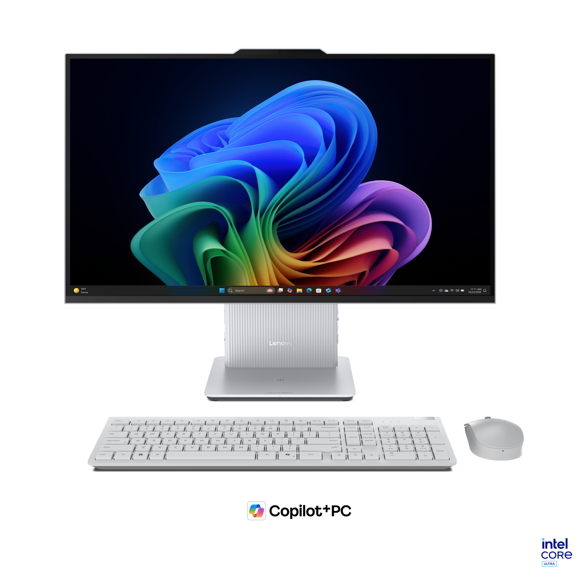 Siyah arka planda renkli ekranlı, beyaz klavyeli ve fareli bir Lenovo hep bir arada PC.