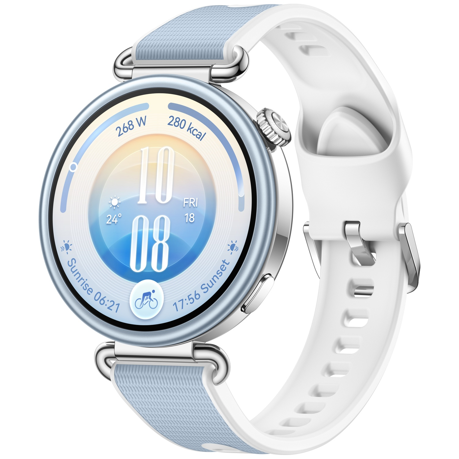 A round smartwatch with a silver bezel, light blue and white striped strap, showing the time 10:08 and sunrise data.