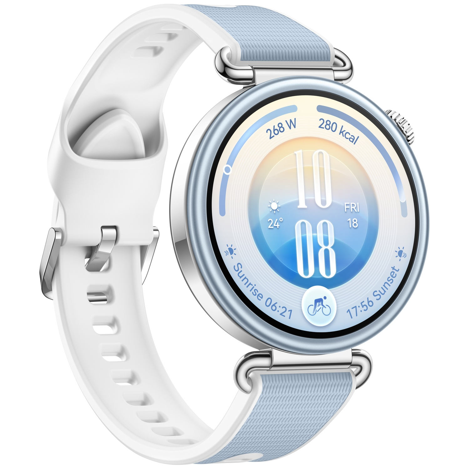 An elegant smartwatch with a round case, white silicone strap, and blue-and-white watch face on a white background.