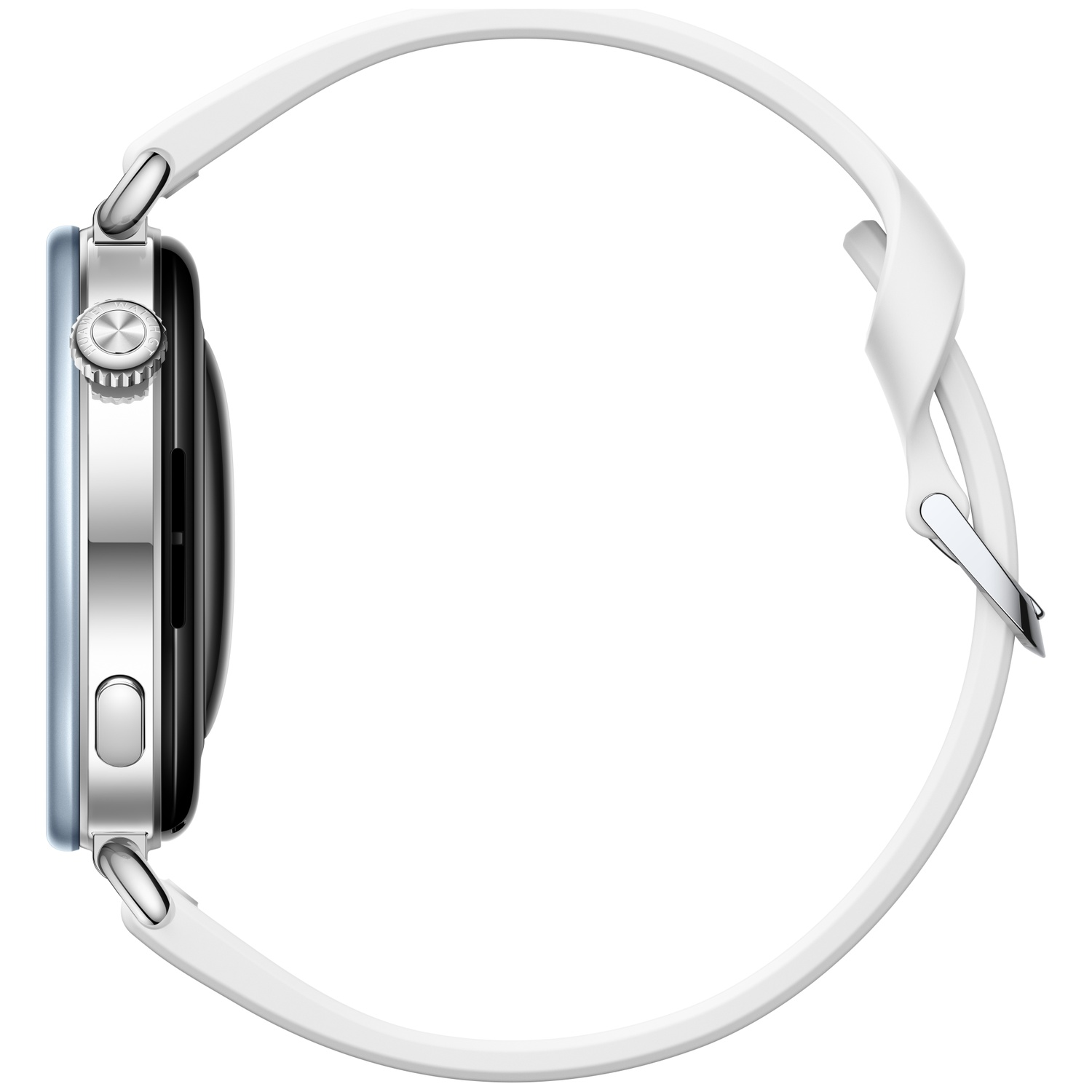 Side view of a smartwatch with a silver case, white strap, and two side buttons on a white background.