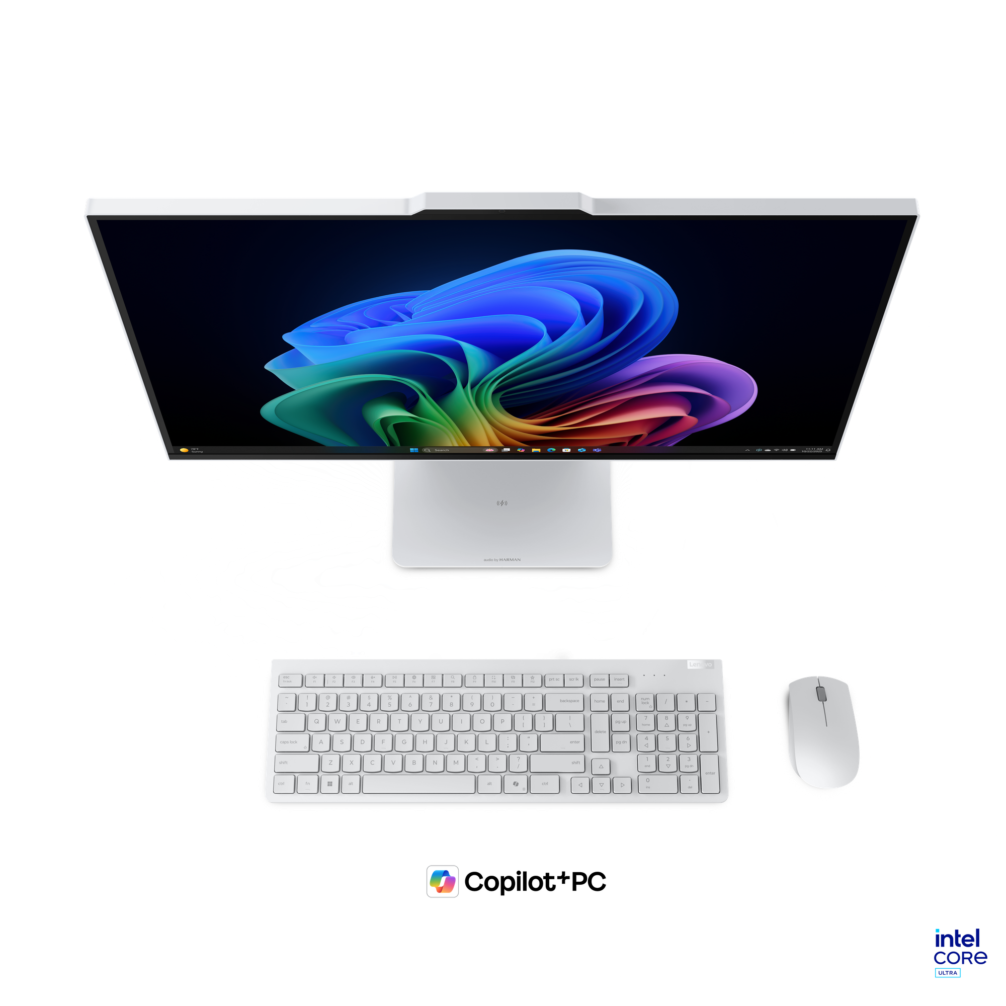 Siyah masa üzerinde renkli ekran grafiklerine sahip beyaz hepsi bir arada bilgisayar, klavye ve fare.