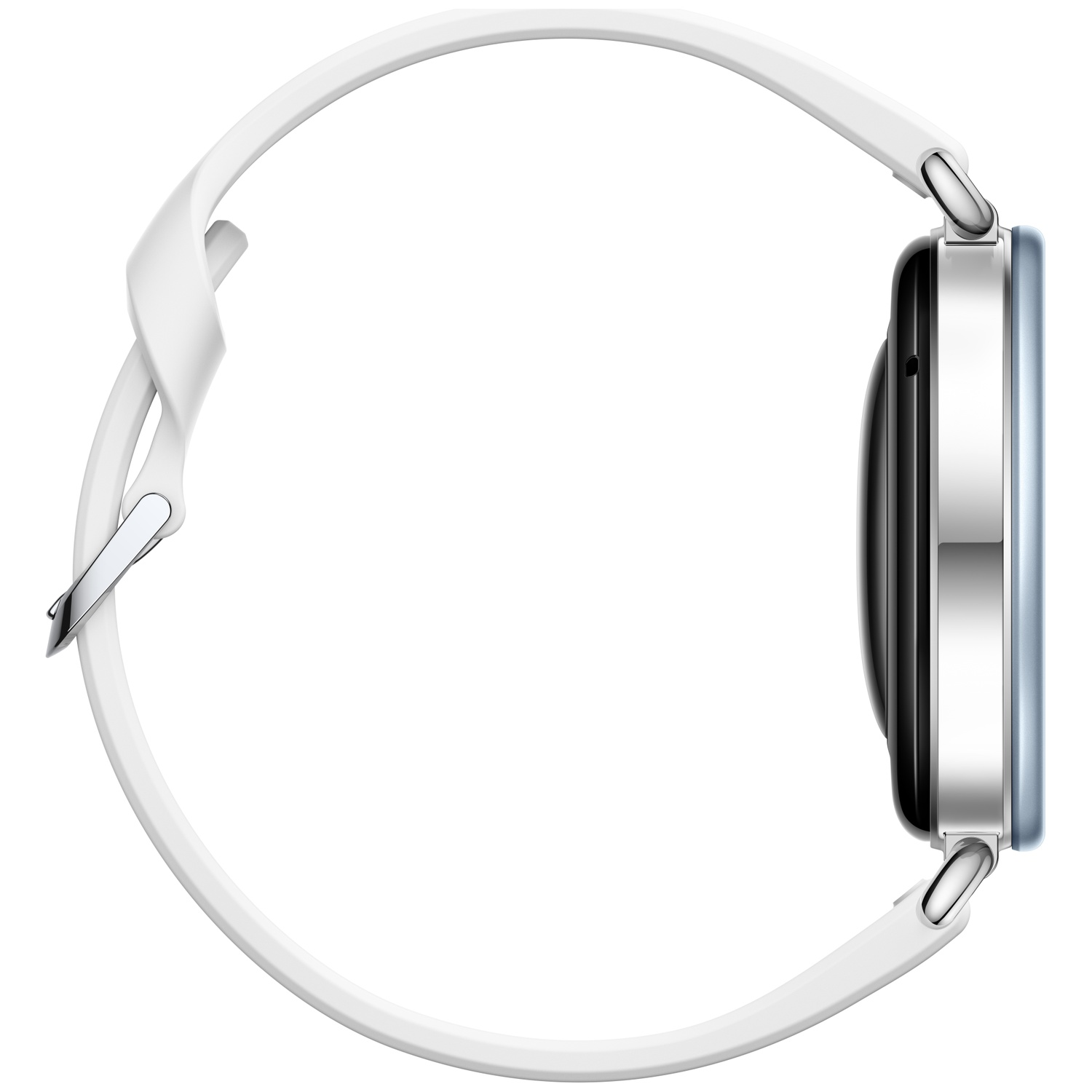 A side view of a round smartwatch with a silver metallic case and a white silicone strap on a plain background.
