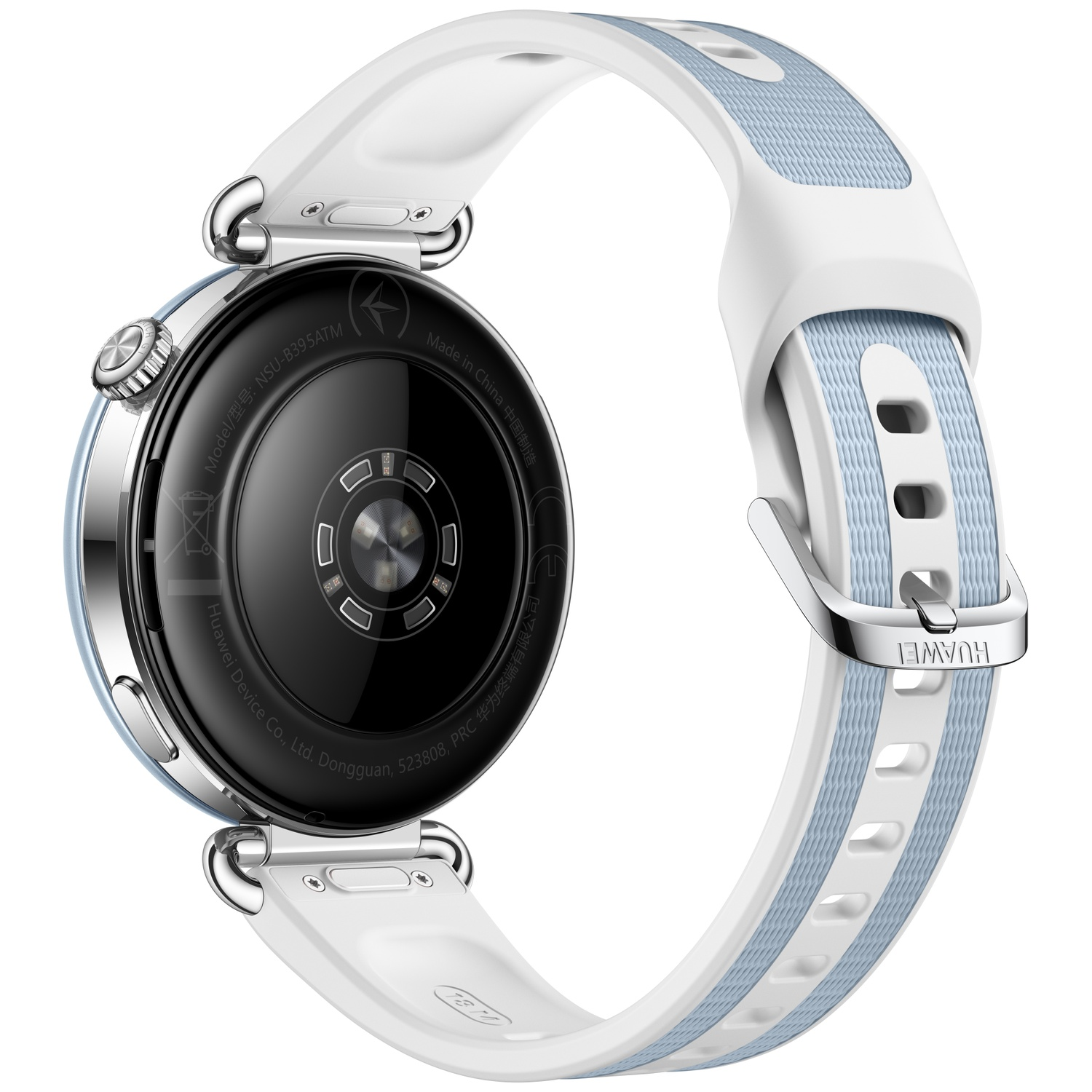 Rear view of a smartwatch with sensor details and a white-and-light blue patterned strap with silver buckle.