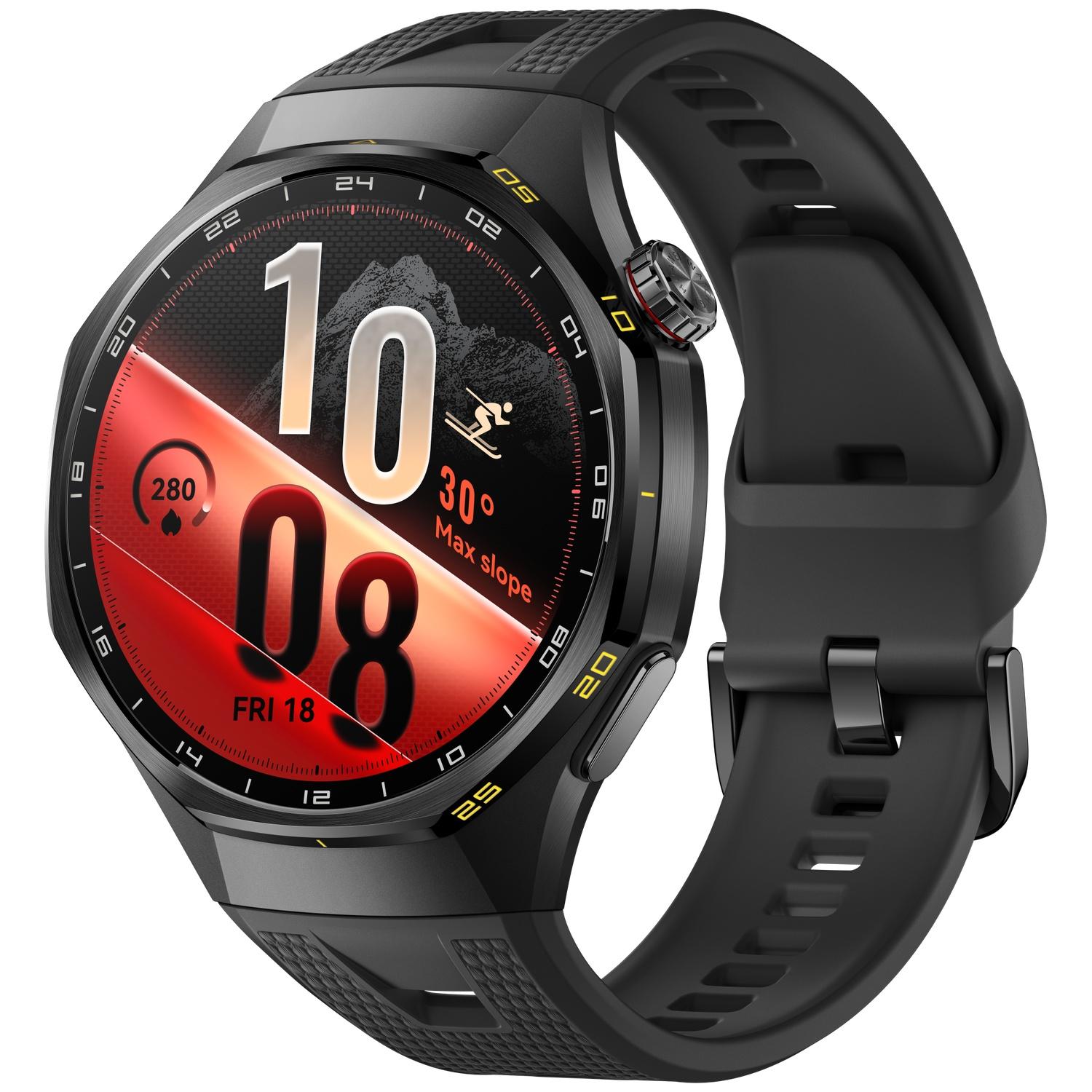 Black sports smartwatch with digital watch face, red accent, and black silicone strap on a white background.