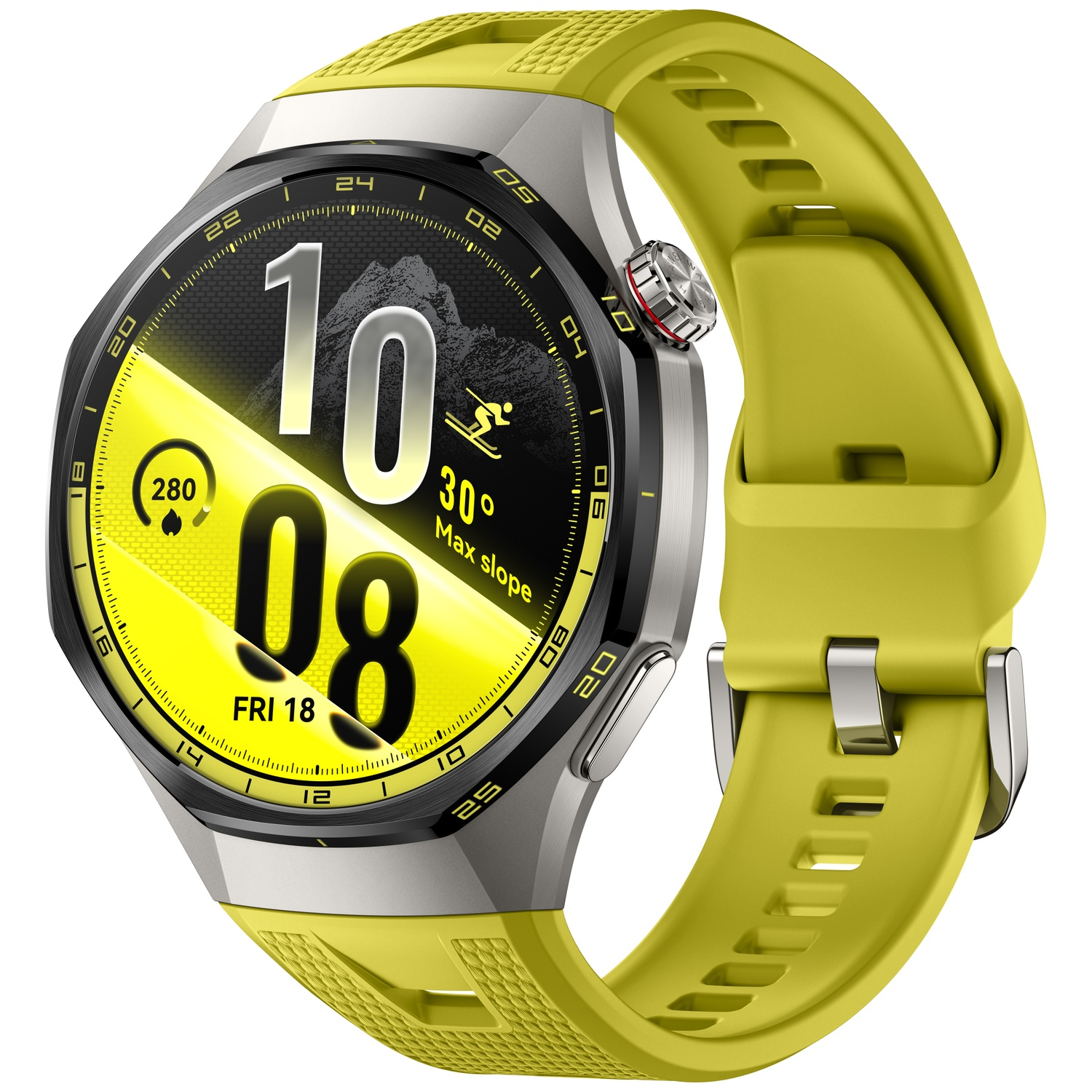 A stylish smartwatch with a yellow strap and a digital watch face on a white background.