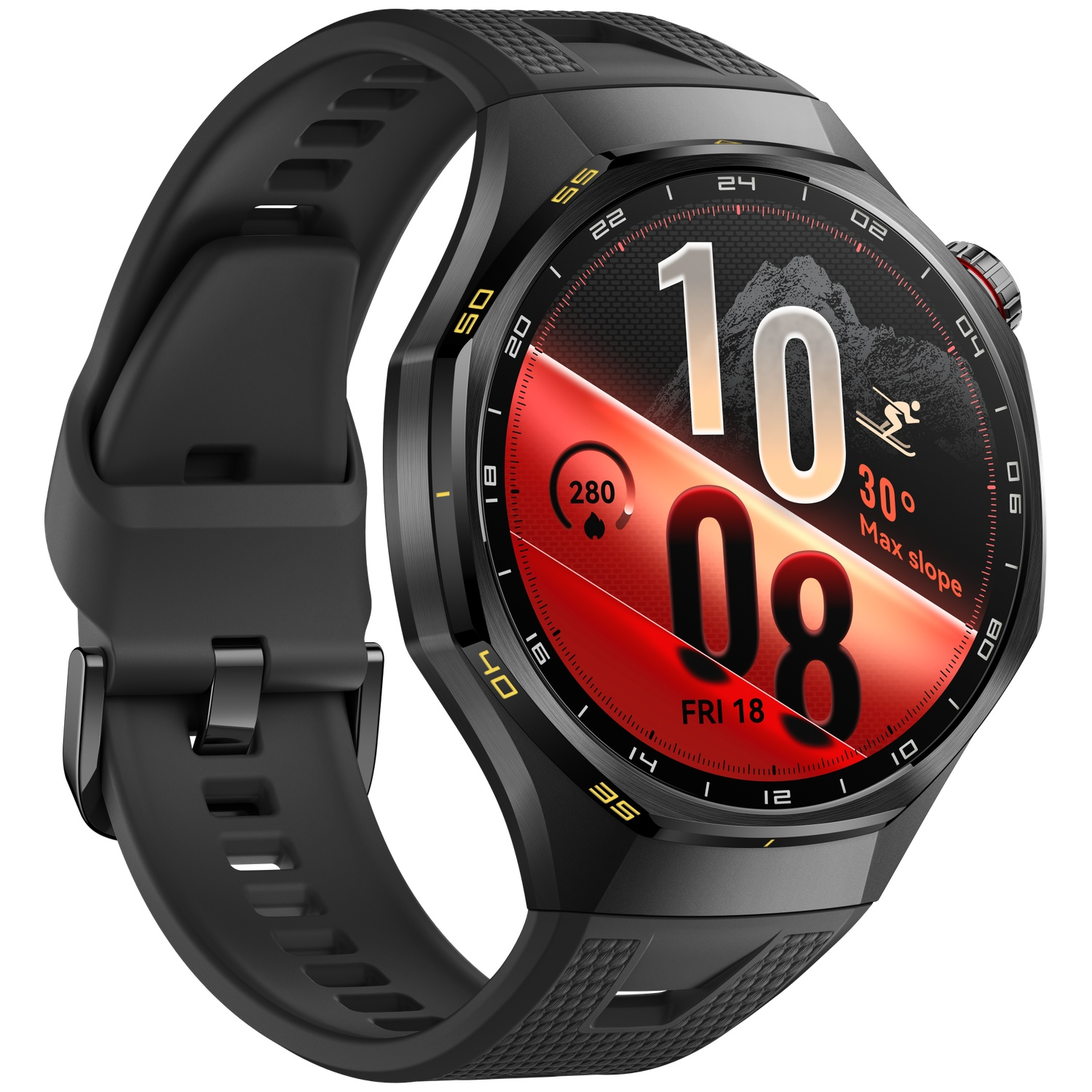 A black smartwatch with a textured strap shows a digital watch face with mountain graphics and red highlights.