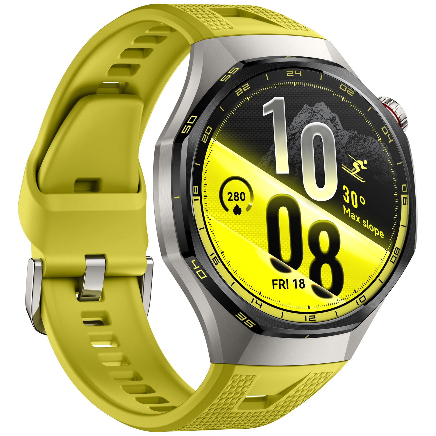 A silver smartwatch with a bright yellow strap and a digital display showing time and fitness data against a white background.